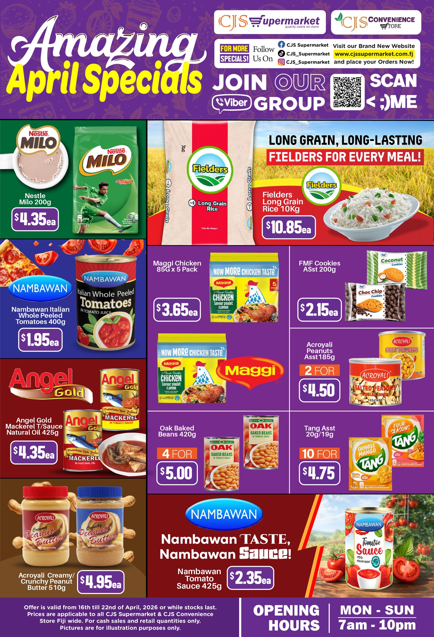 Weekly Specials at all CJS SPKT Stores & CJS Convenience Stores (excl. Labasa) from 16–22 April or while stocks last 🏝️✨