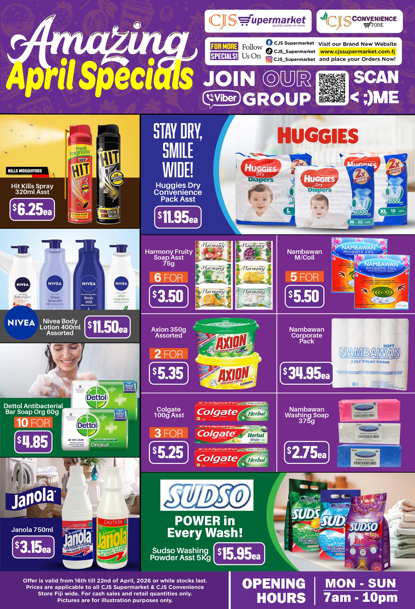 April Weekly Specials at all CJS SPKT Stores & CJS Convenience Stores (excl. Labasa) from 16–22 April or while stocks last 🏝️✨