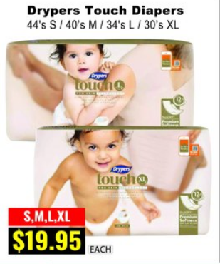 Dryers Touch Diapers — S,M,L,XL