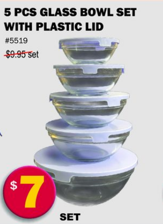 Glass Bowl Set with Plastic Lid — 5 pcs