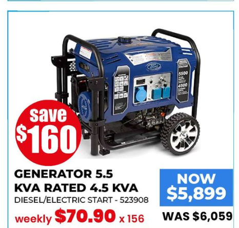 Ford Generator 5.5 KVA Rated 4.5 KVA Diesel/Electric Start — 523908