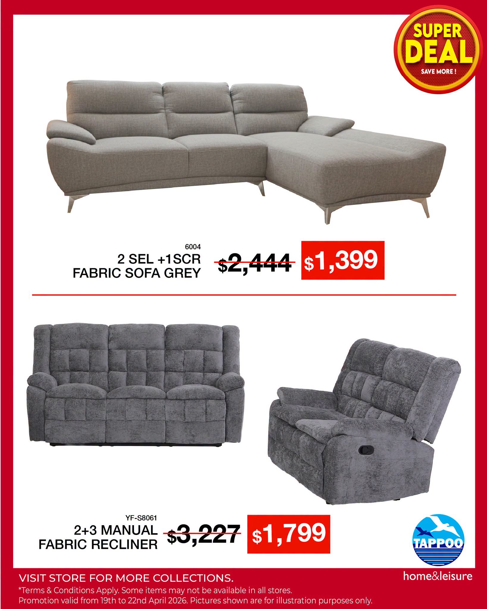 Fabric Sofa Grey & 2 + 3 Manuel Fabruc Recliner