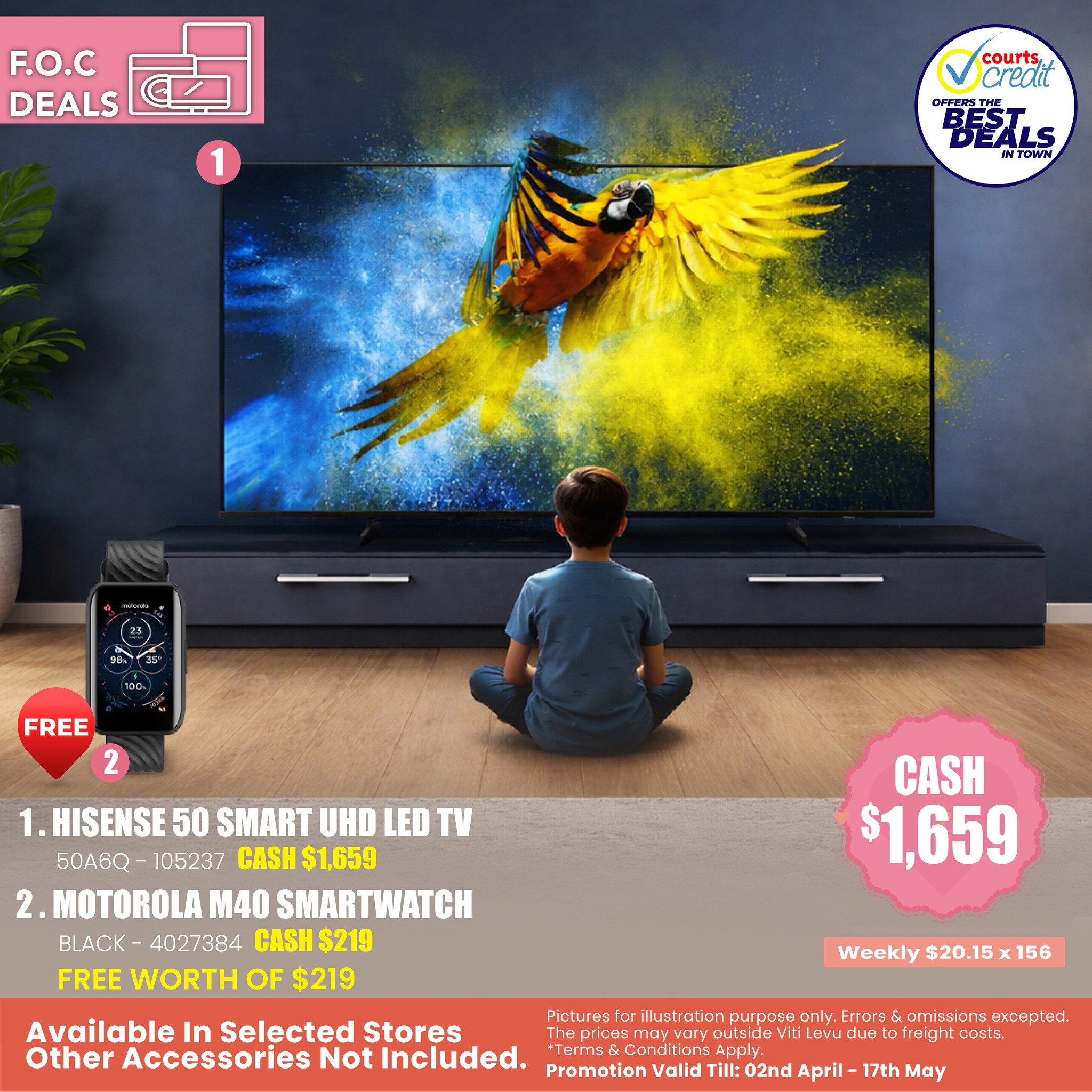 Upgrade your home entertainment with this Hisense 50” UHD Smart TV & FREE Motorola smartwatch deal today !