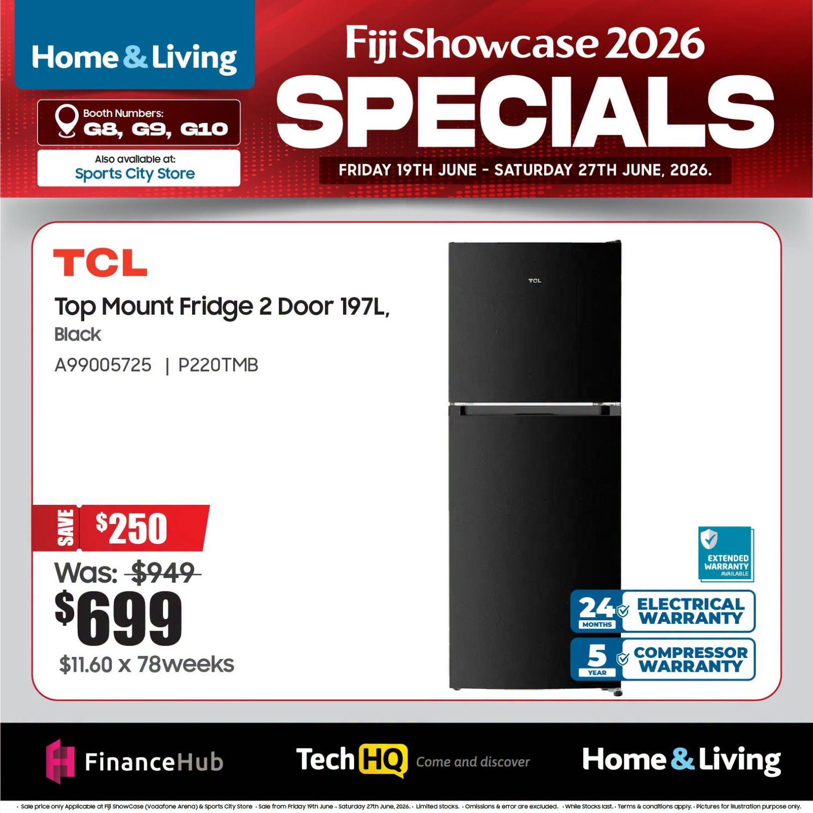 TCL Top Mount Fridge 2 Door 197L Black