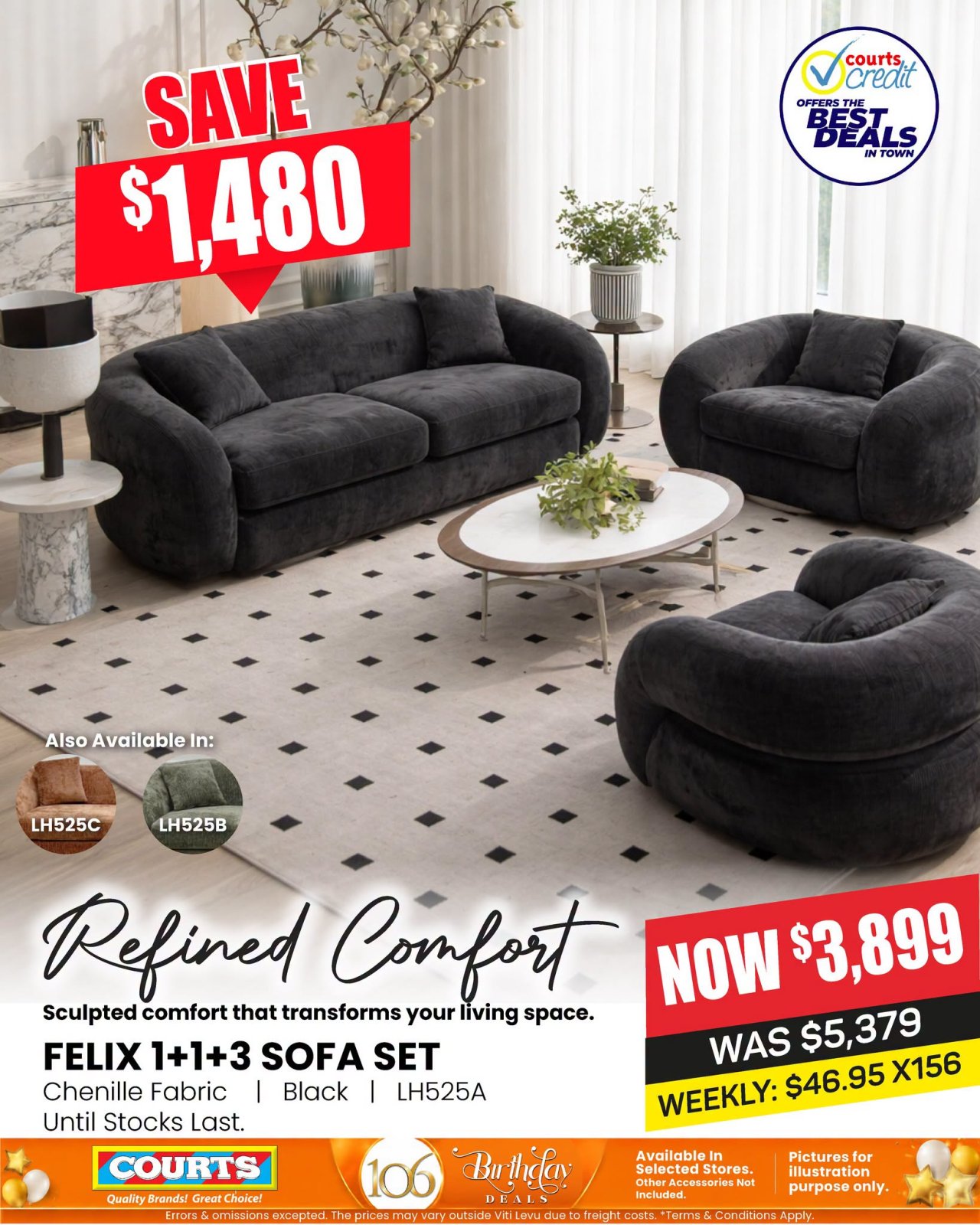 FELIX 1+1+3 Sofa Set - Black Chenille