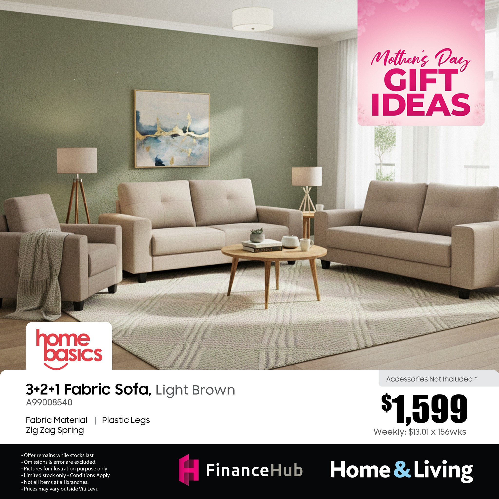 3+2+1 Fabric Sofa, Light Brown