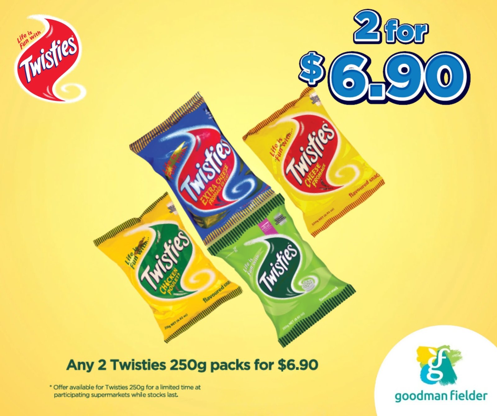 Any 2 Twisties 250g Packs for $6.90
