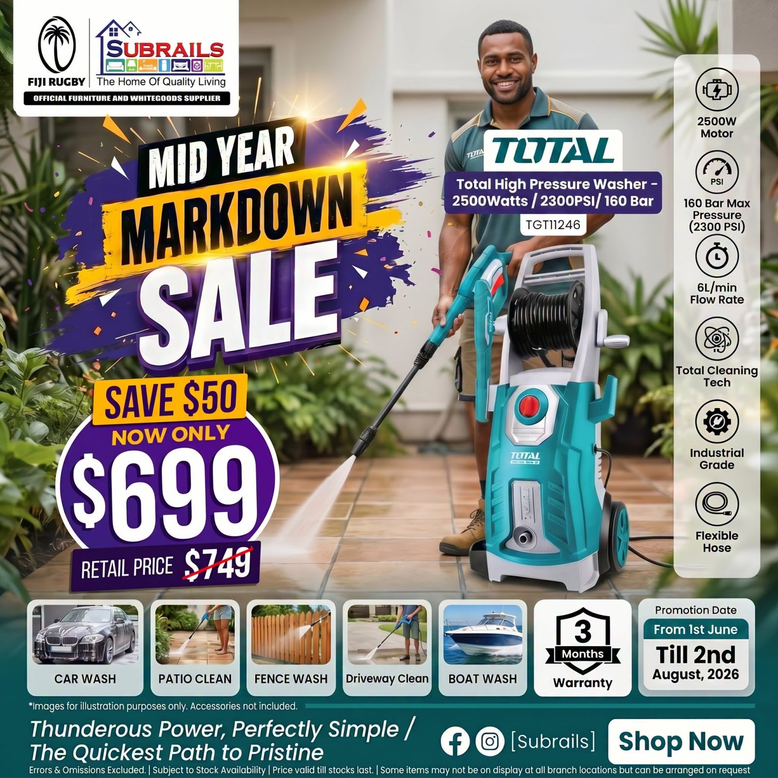 Total High Pressure Washer 2500W/2300PSI