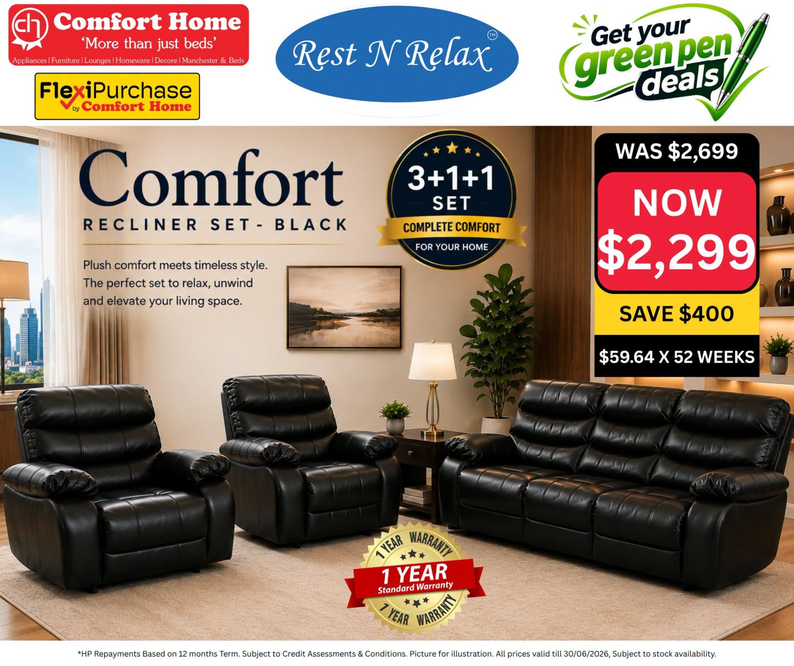 Comfort Recliner Set – Black (3+1+1)