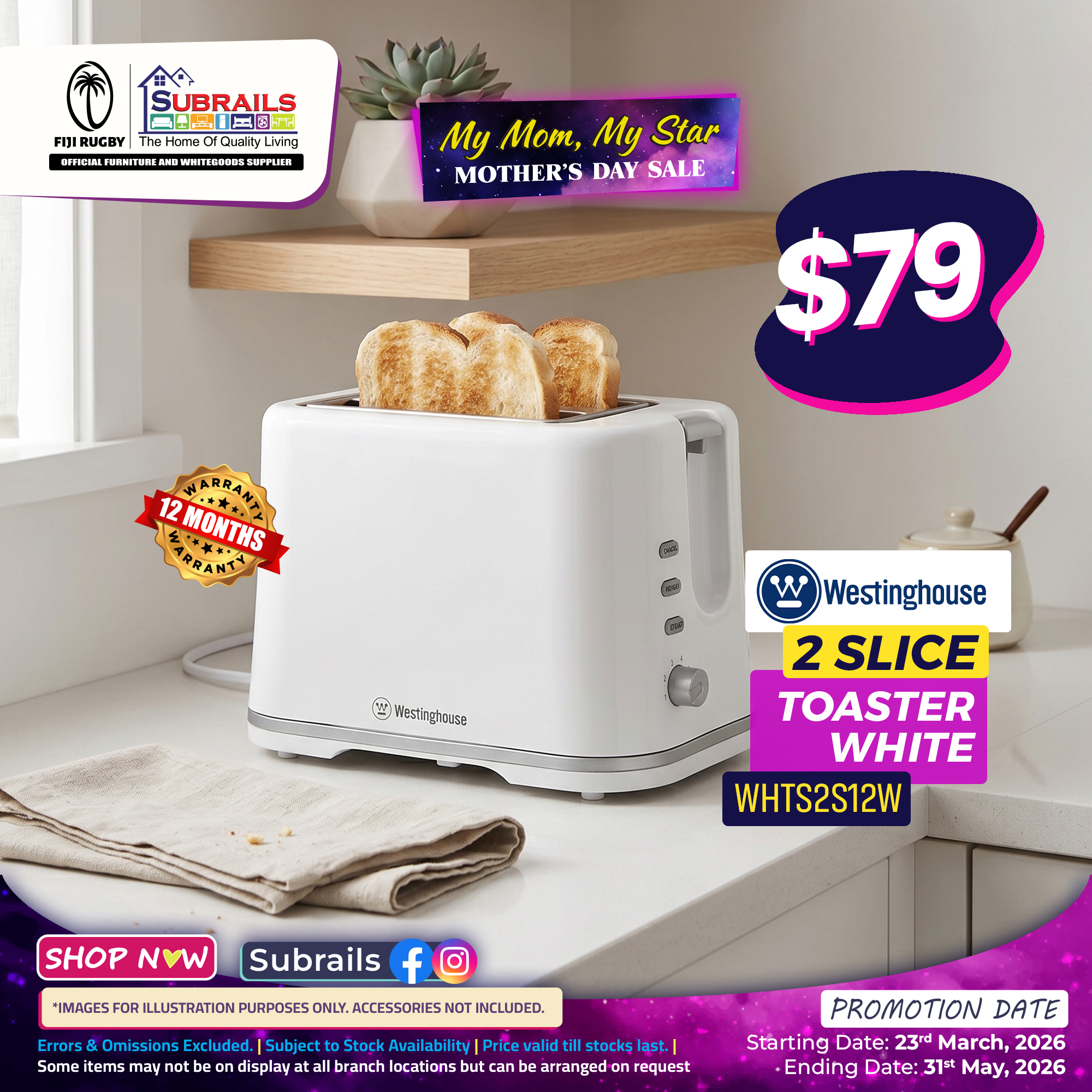 Westinghouse 2 Slice Toaster White
