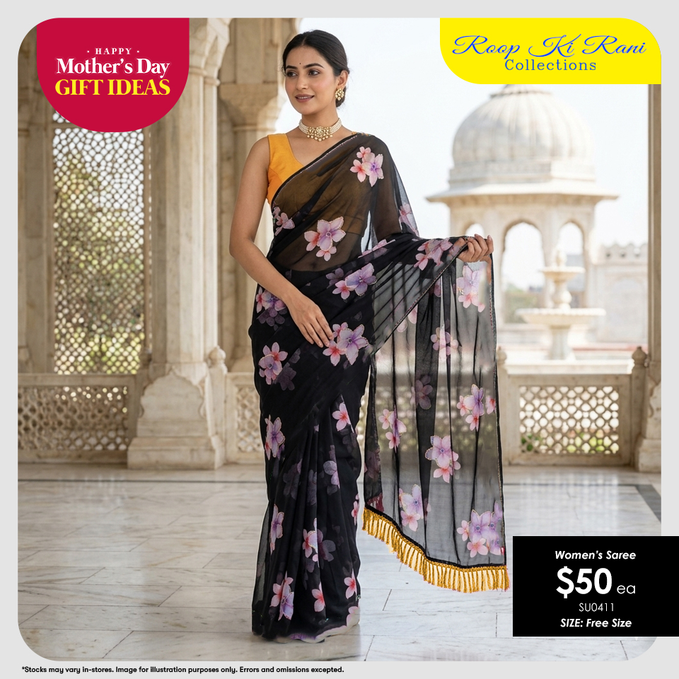 Women's Saree - Black with Pink Floral