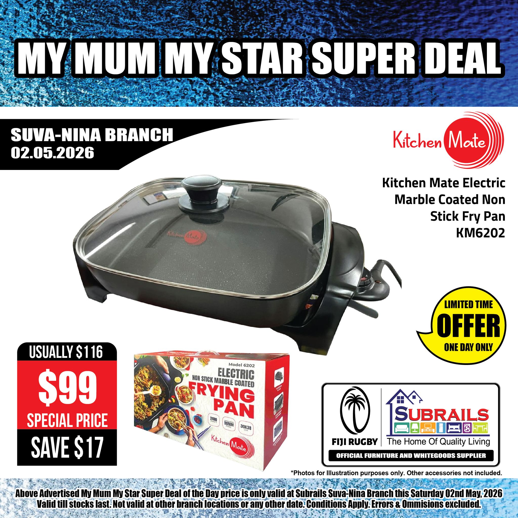 Kitchen Mate Electric Marble Coated Non Stick Fry Pan KM6202