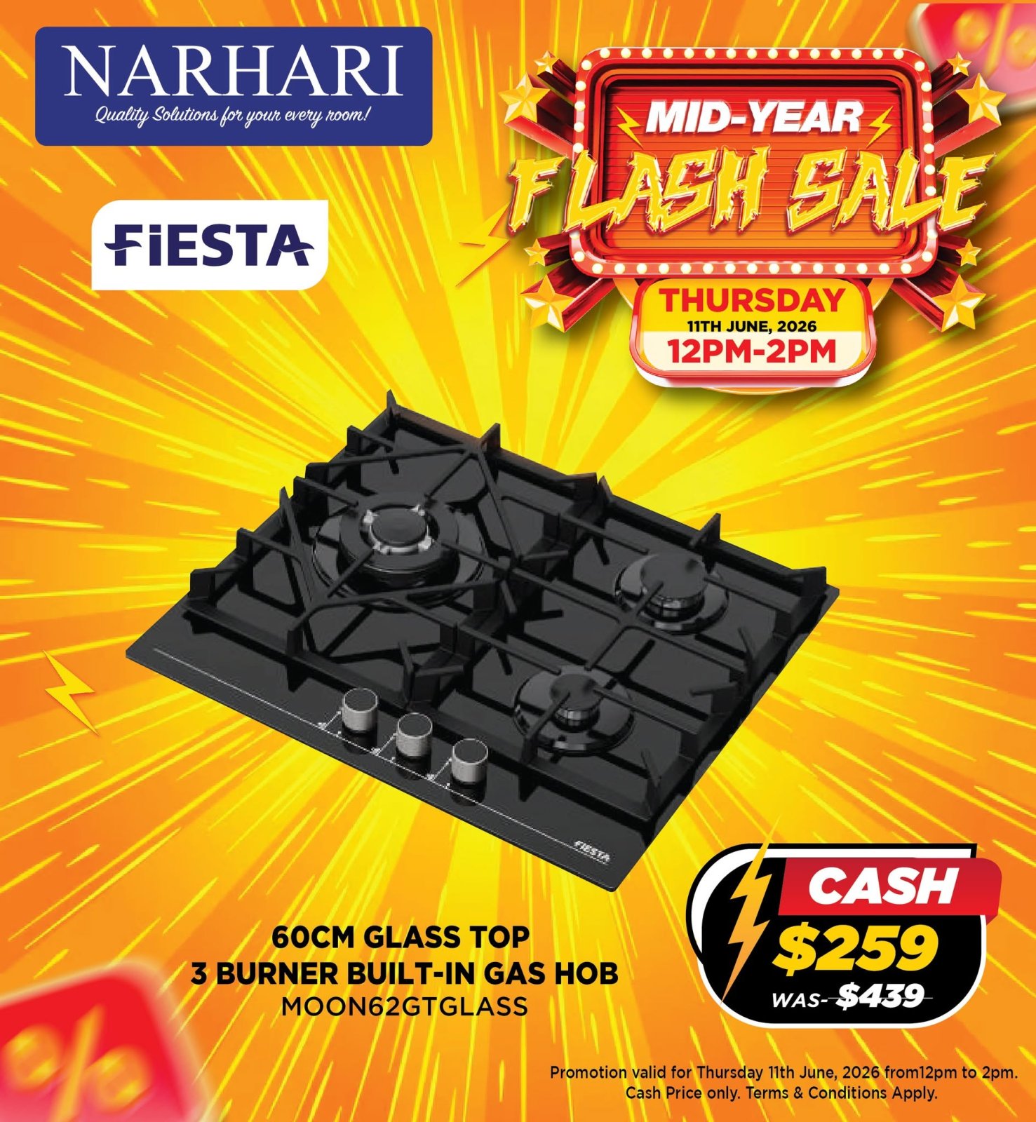 Fiesta 60cm Glass Top 3 Burner Gas Hob