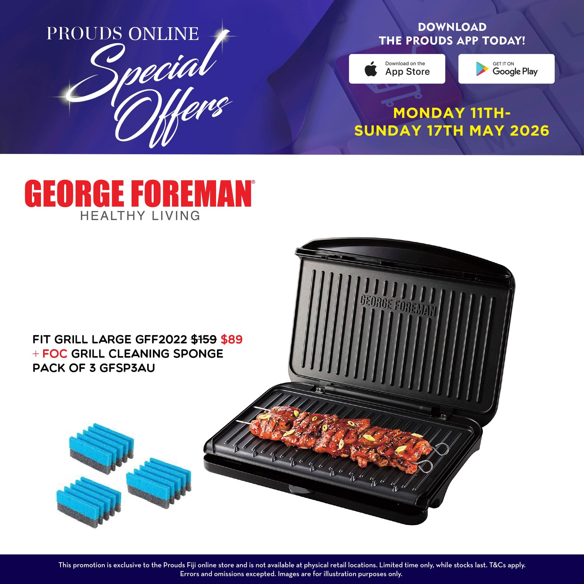 George Foreman Fit Grill Large with Cleaning Sponges