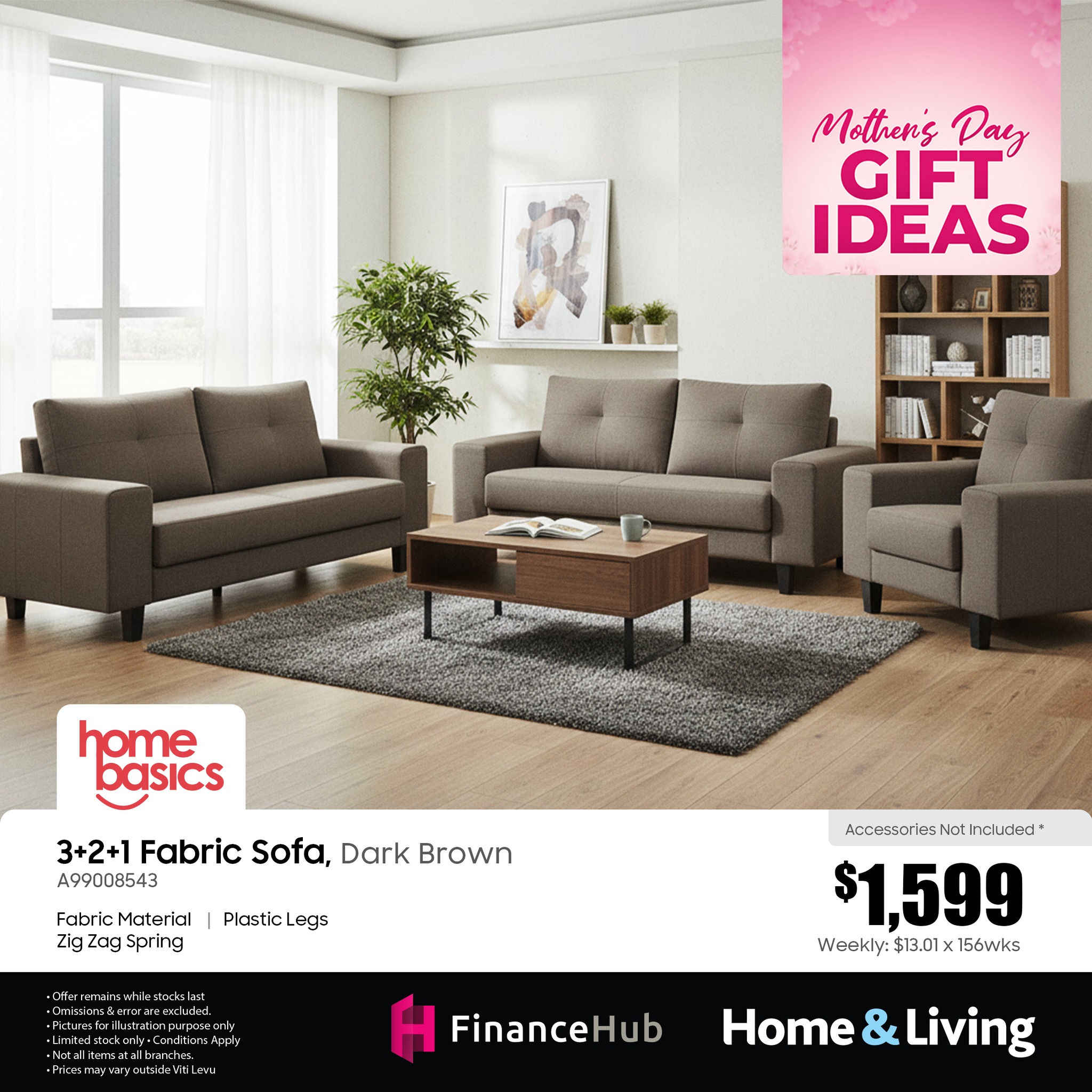 3+2+1 Fabric Sofa, Dark Brown