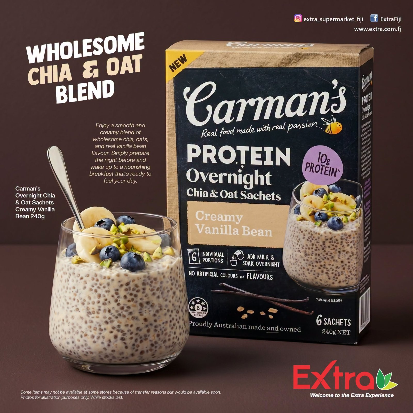 Carman's Overnight Chia & Oat Sachets Creamy Vanilla Bean 240g