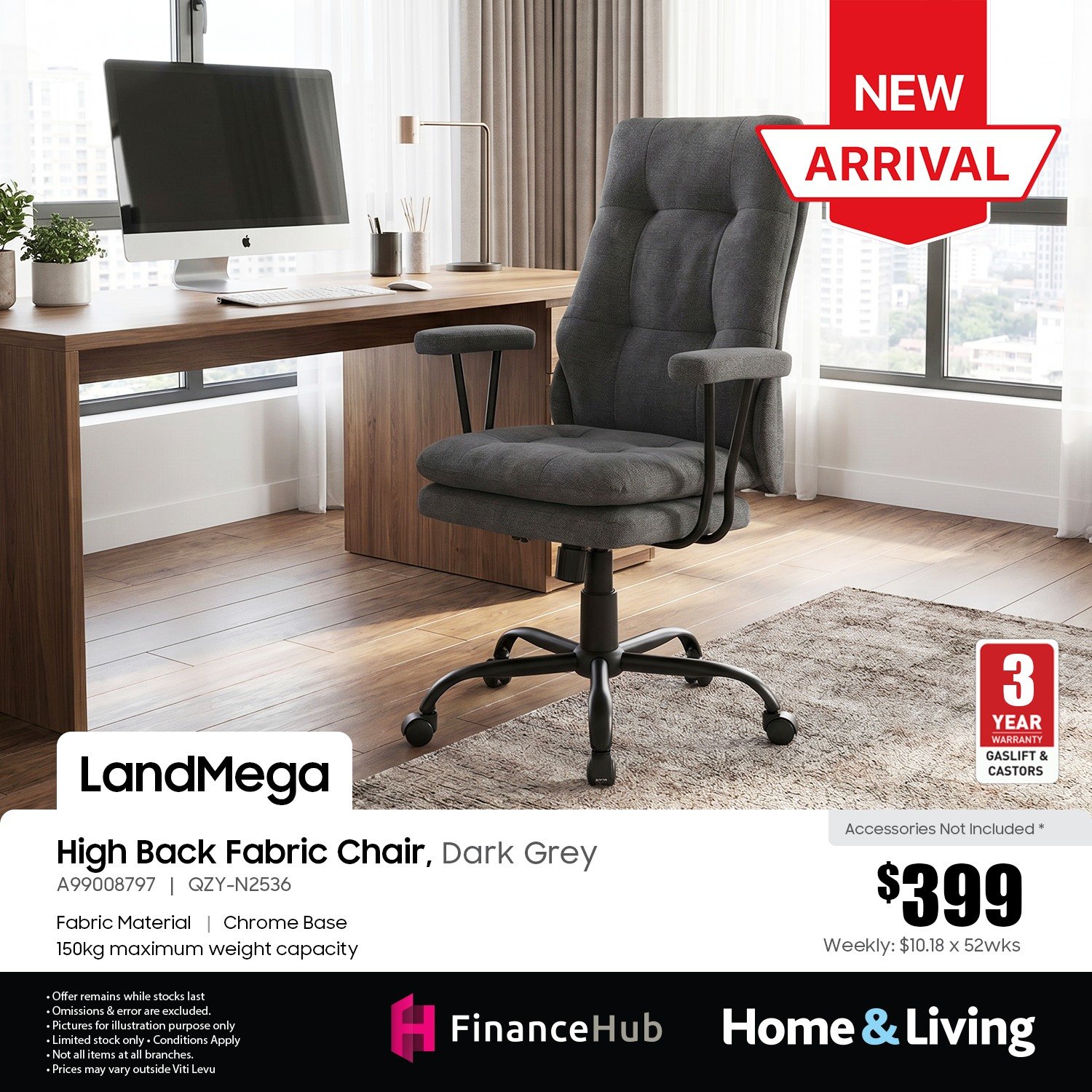 High Back Fabric Chair, Dark Grey