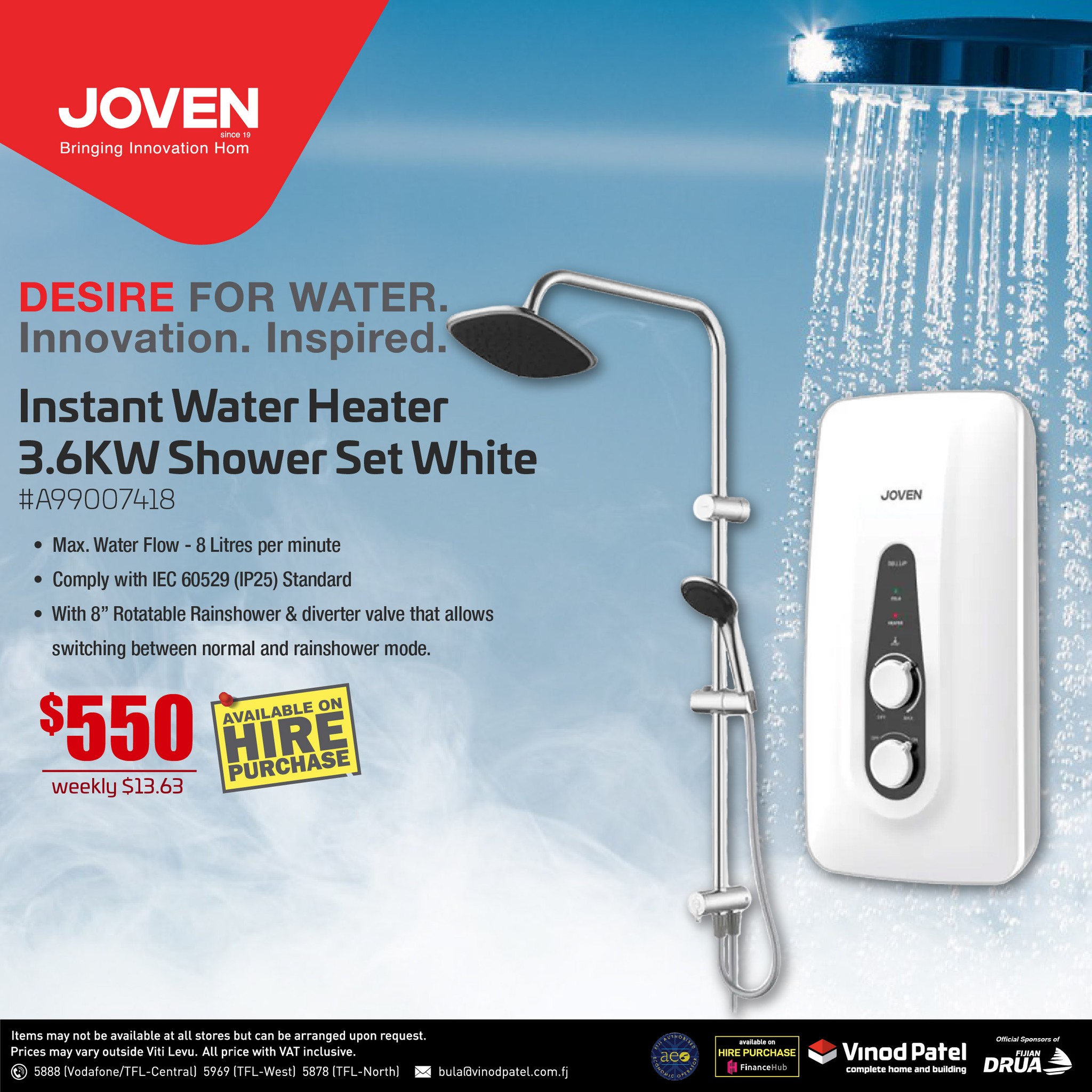 Instant Water Heater 3.6KW Shower Set White