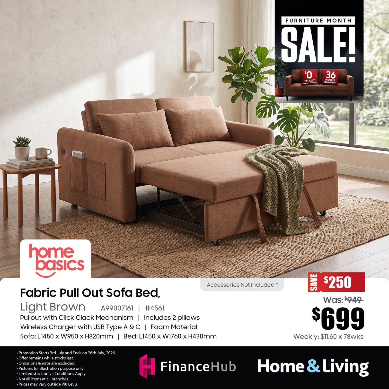Fabric Pull Out Sofa Bed, Light Brown