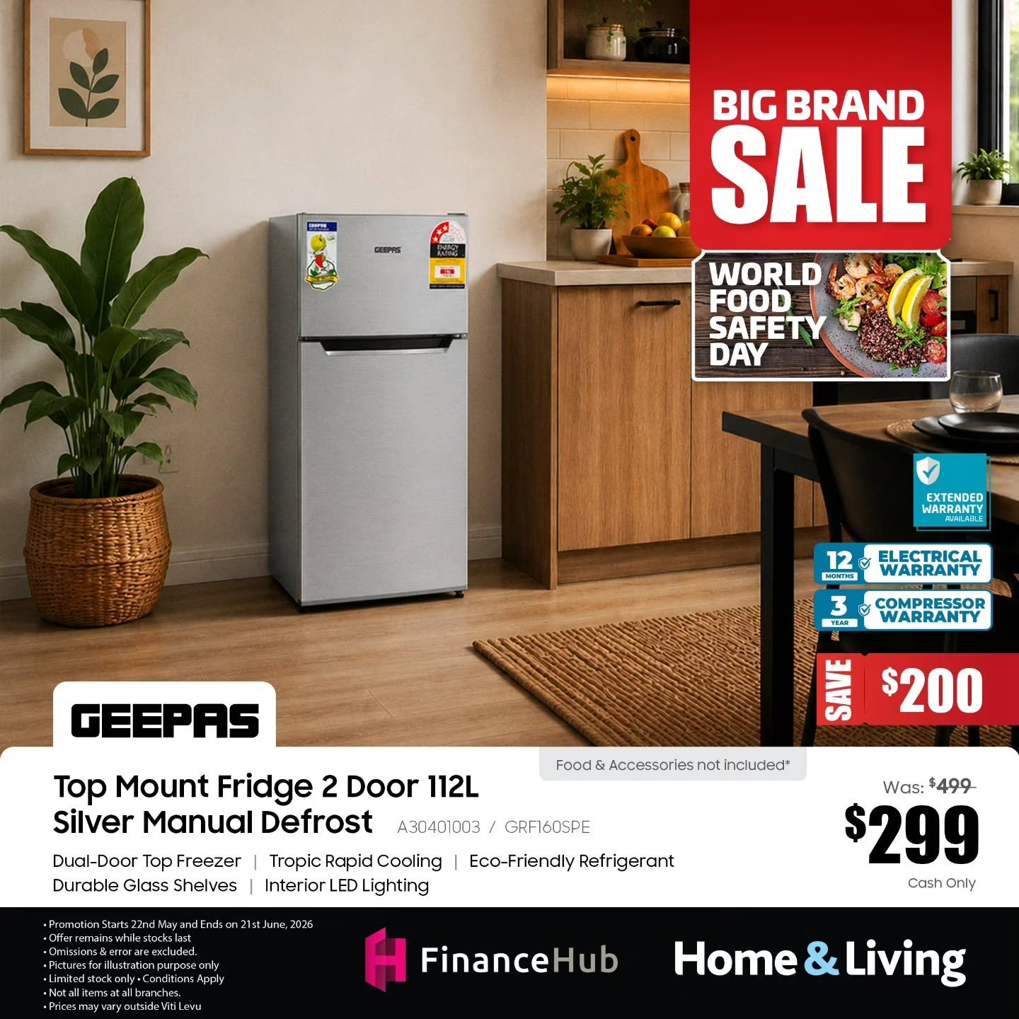 Geepas Top Mount Fridge 2 Door 112L Silver Manual Defrost