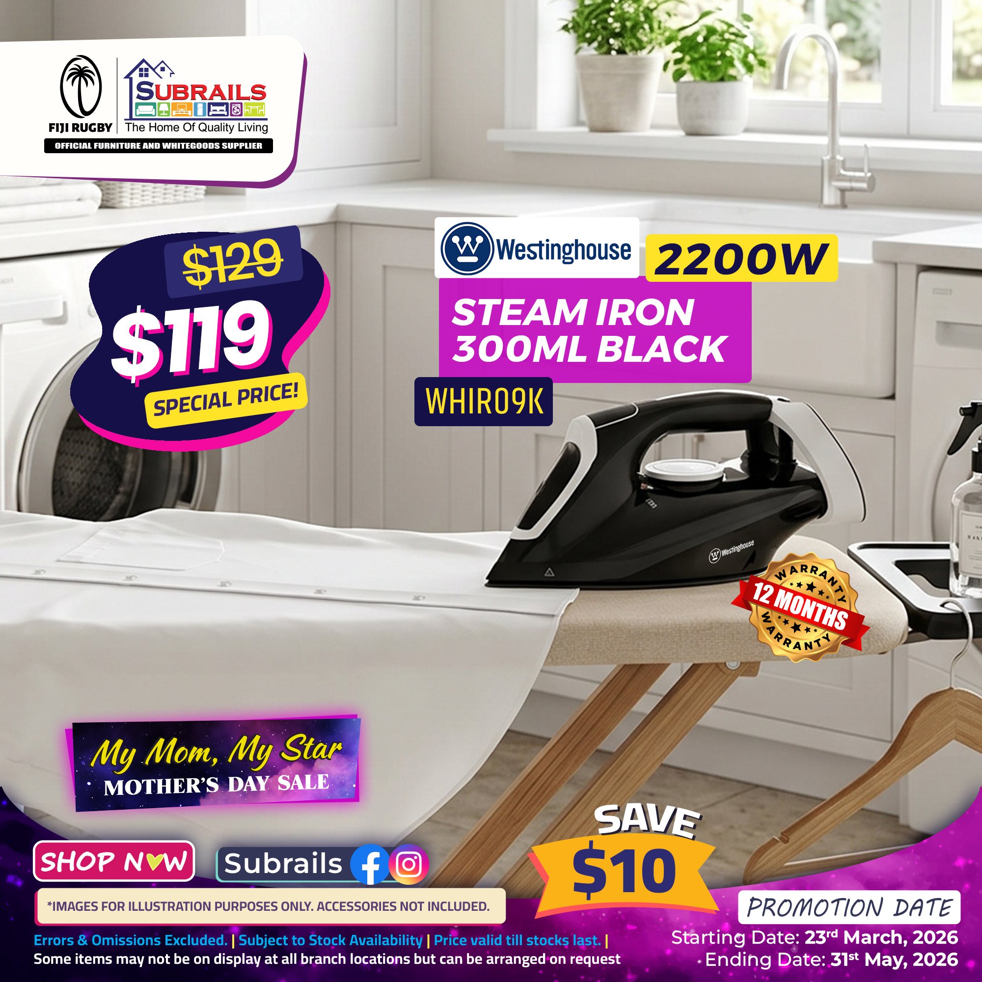 Westinghouse 2200W Steam Iron 300ml Black