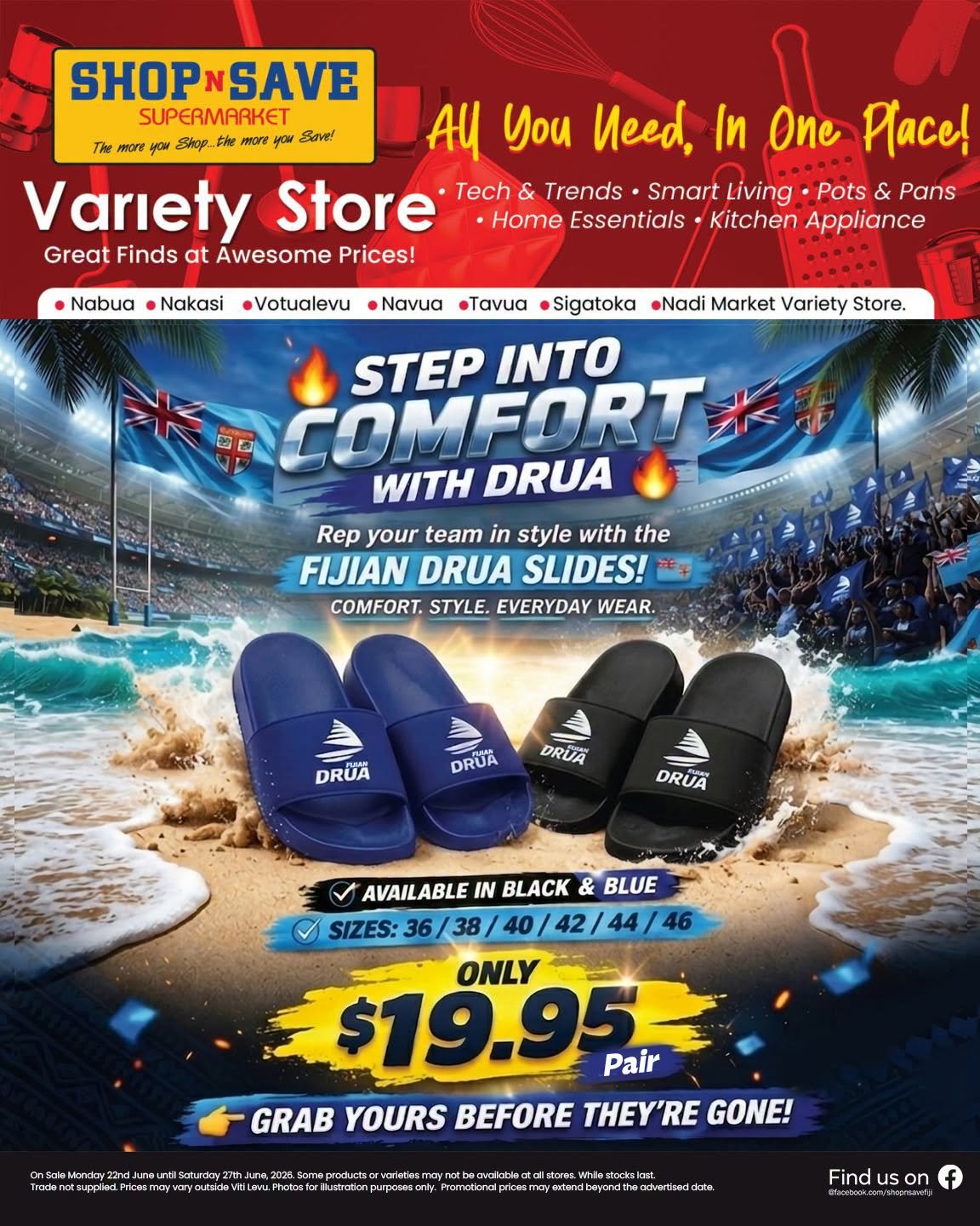 Fijian Drua Slides - Black & Blue