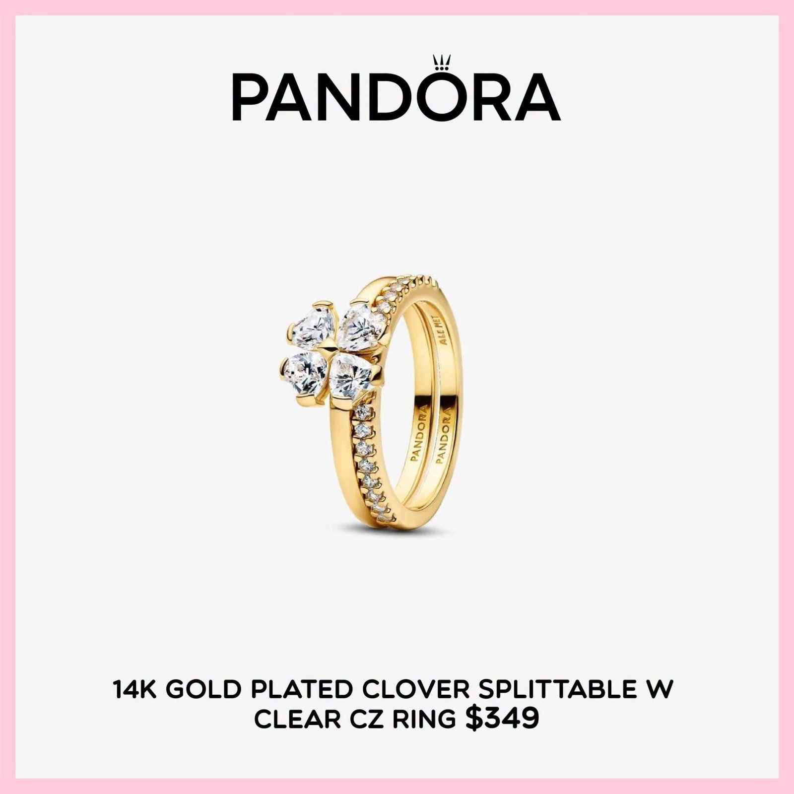 14K Gold Plated Clover Splittable Ring with Clear CZ