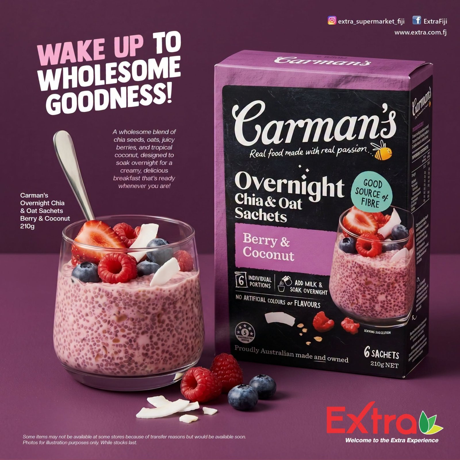 Carman's Overnight Chia & Oat Sachets Berry & Coconut 210g
