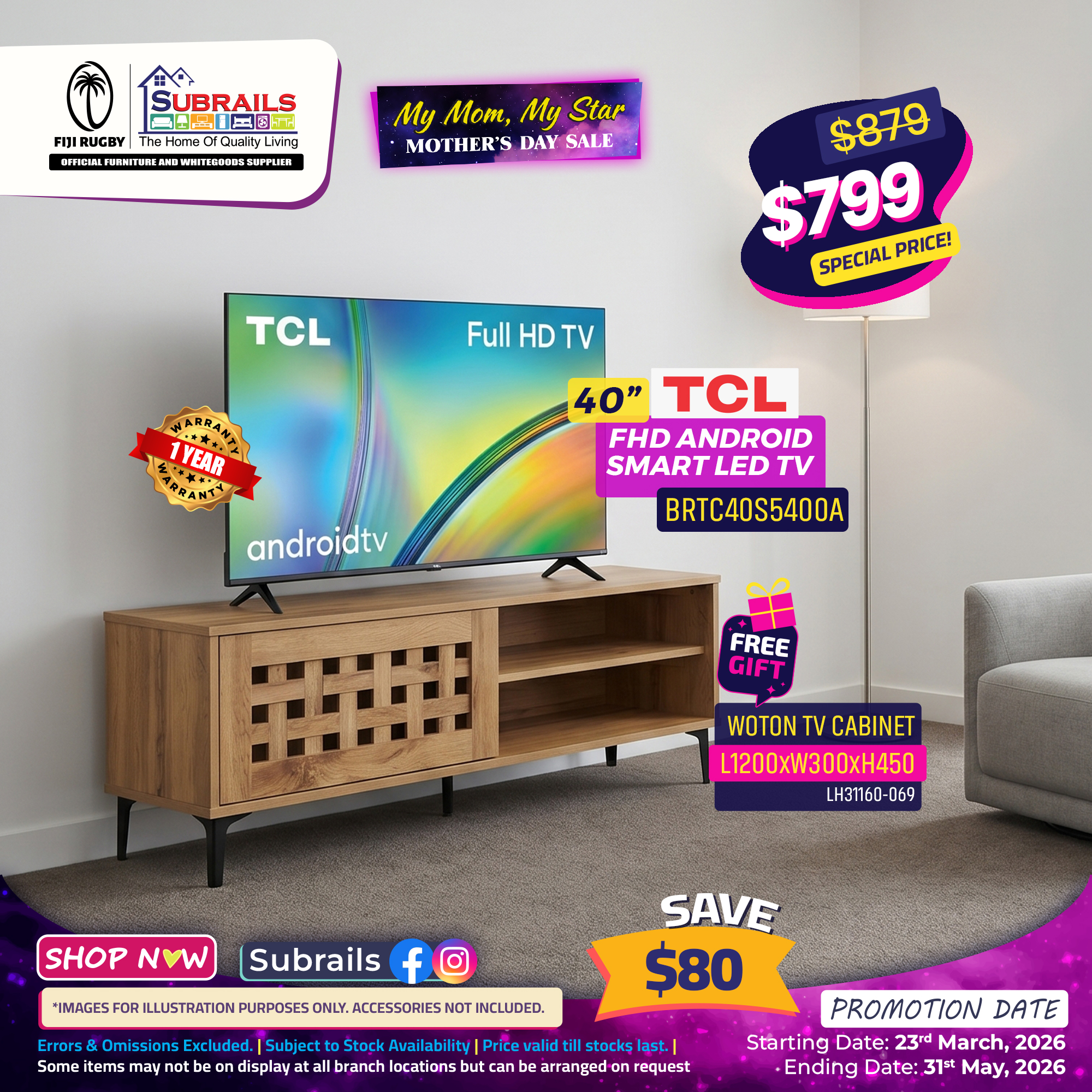 40" TCL FHD Android Smart LED TV + Free Woton TV Cabinet