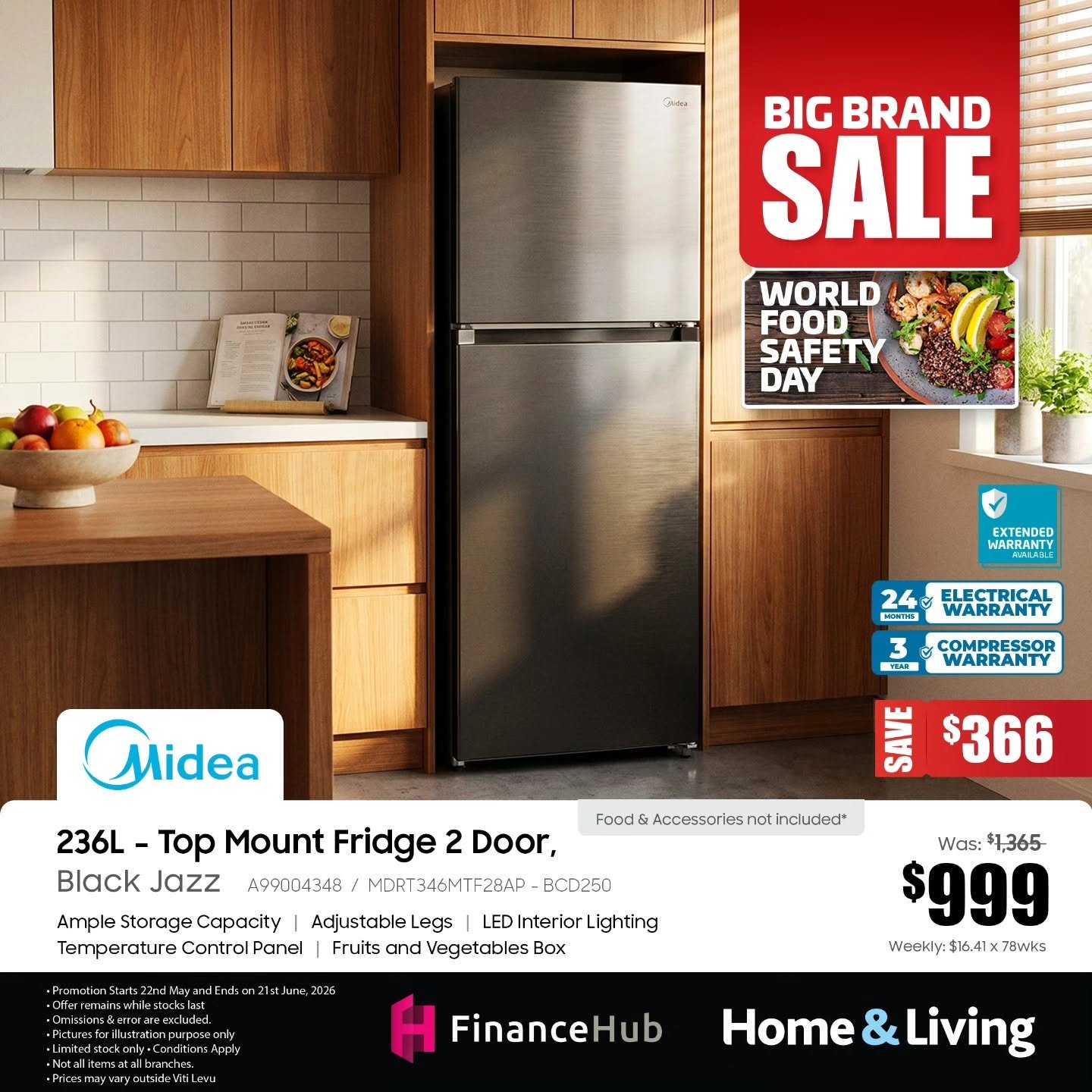 Midea 236L Top Mount Fridge 2 Door - Black Jazz