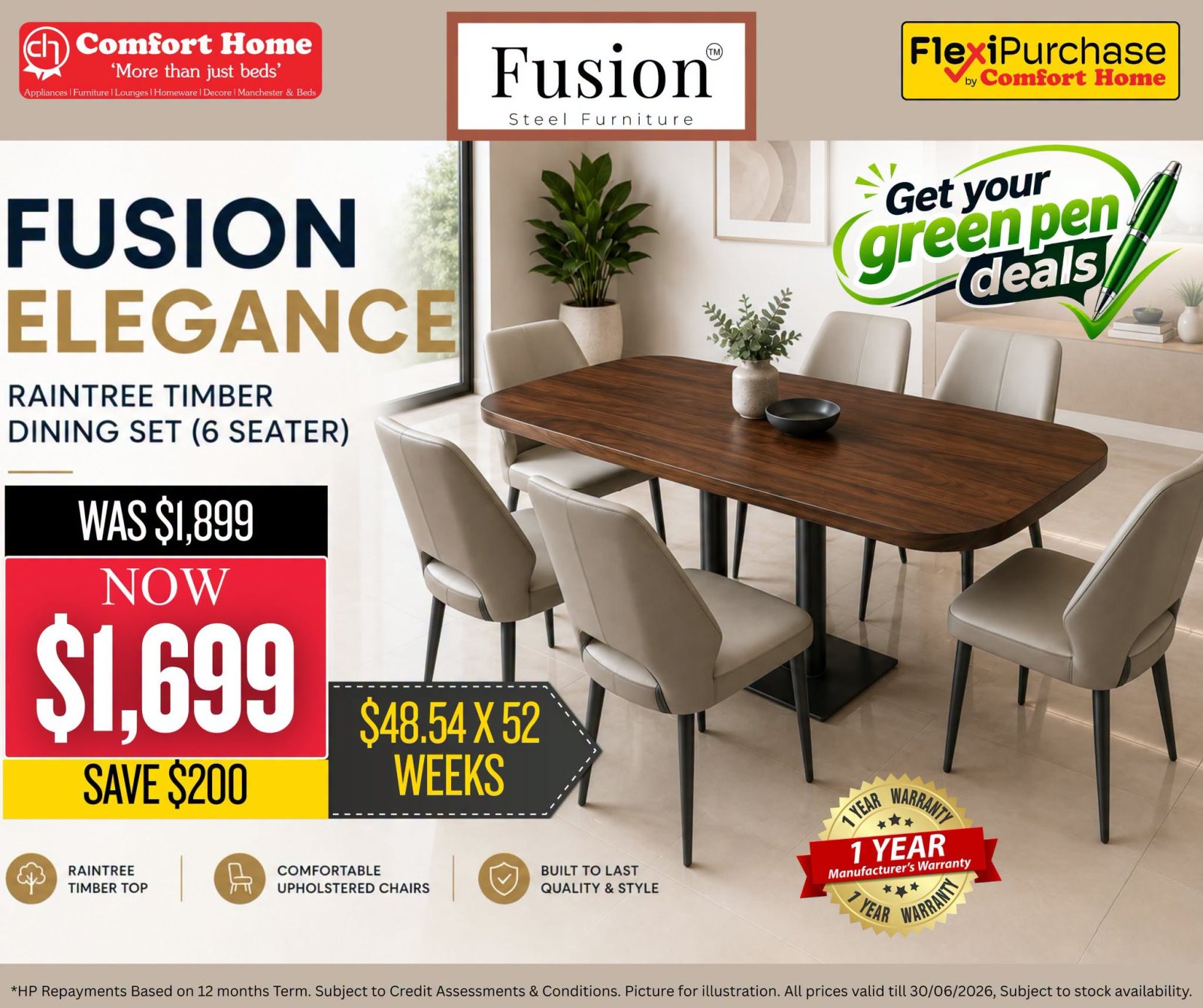 Fusion Elegance Raintree Timber Dining Set (6 Seater)