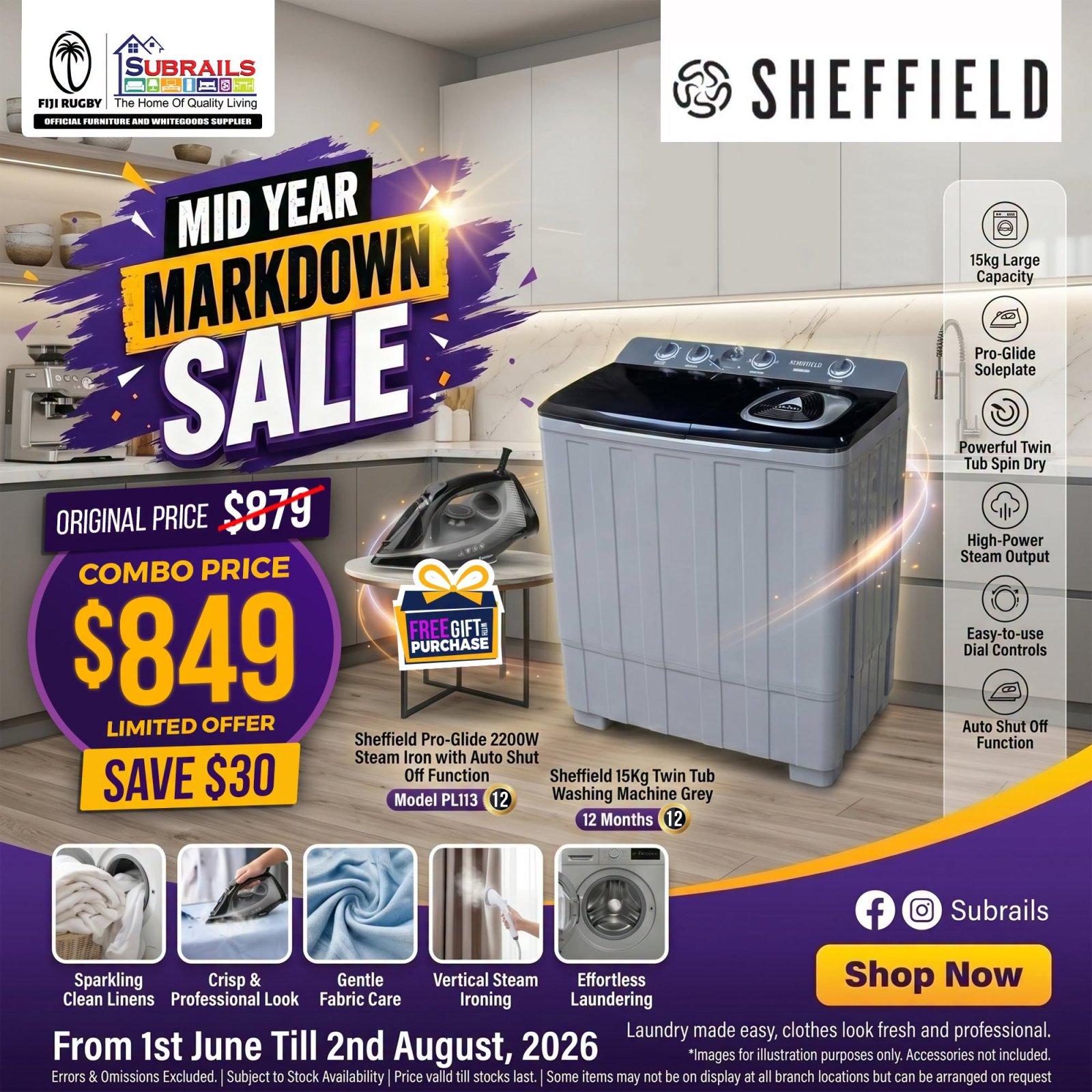 Sheffield Laundry Combo: Washing Machine + Steam Iron
