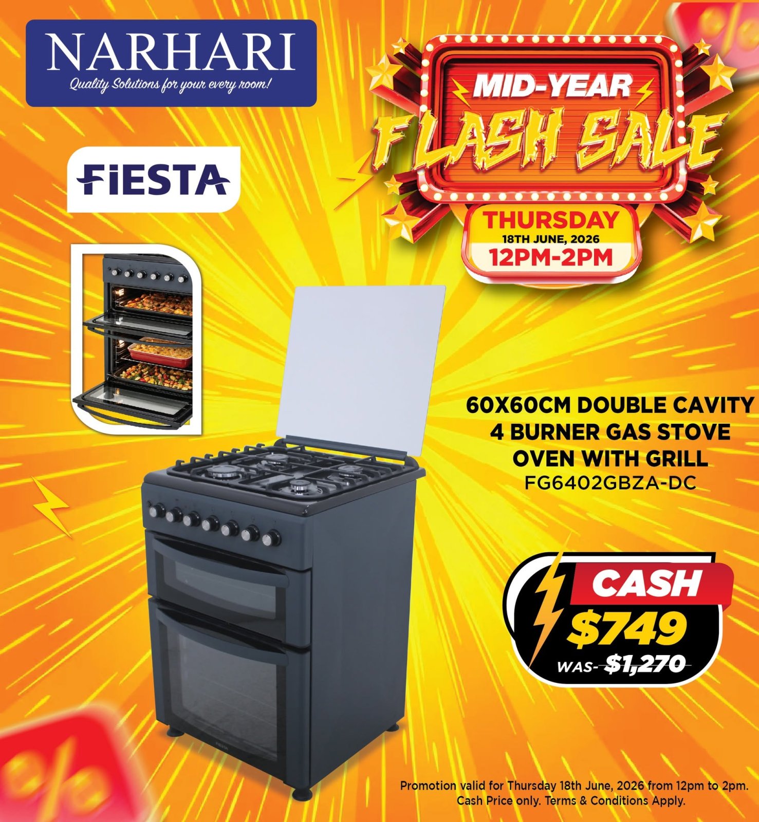 Fiesta 60x60cm Double Cavity 4 Burner Gas Stove Oven with Grill