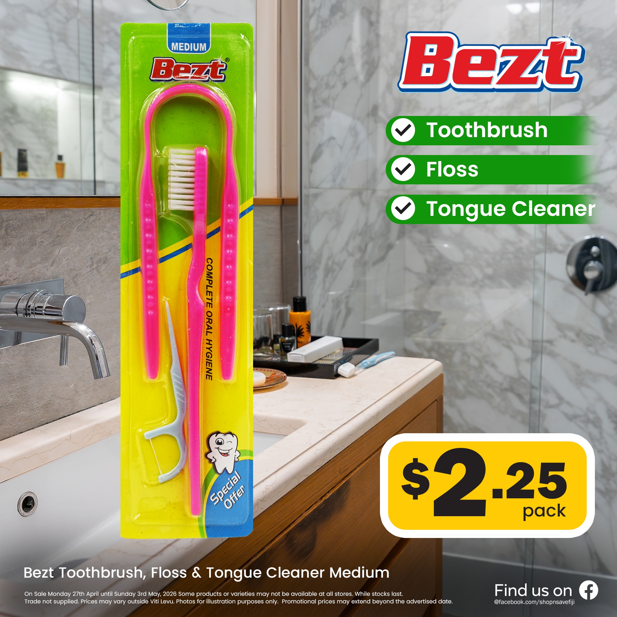 Bezt Toothbrush, Floss & Tongue Cleaner Medium