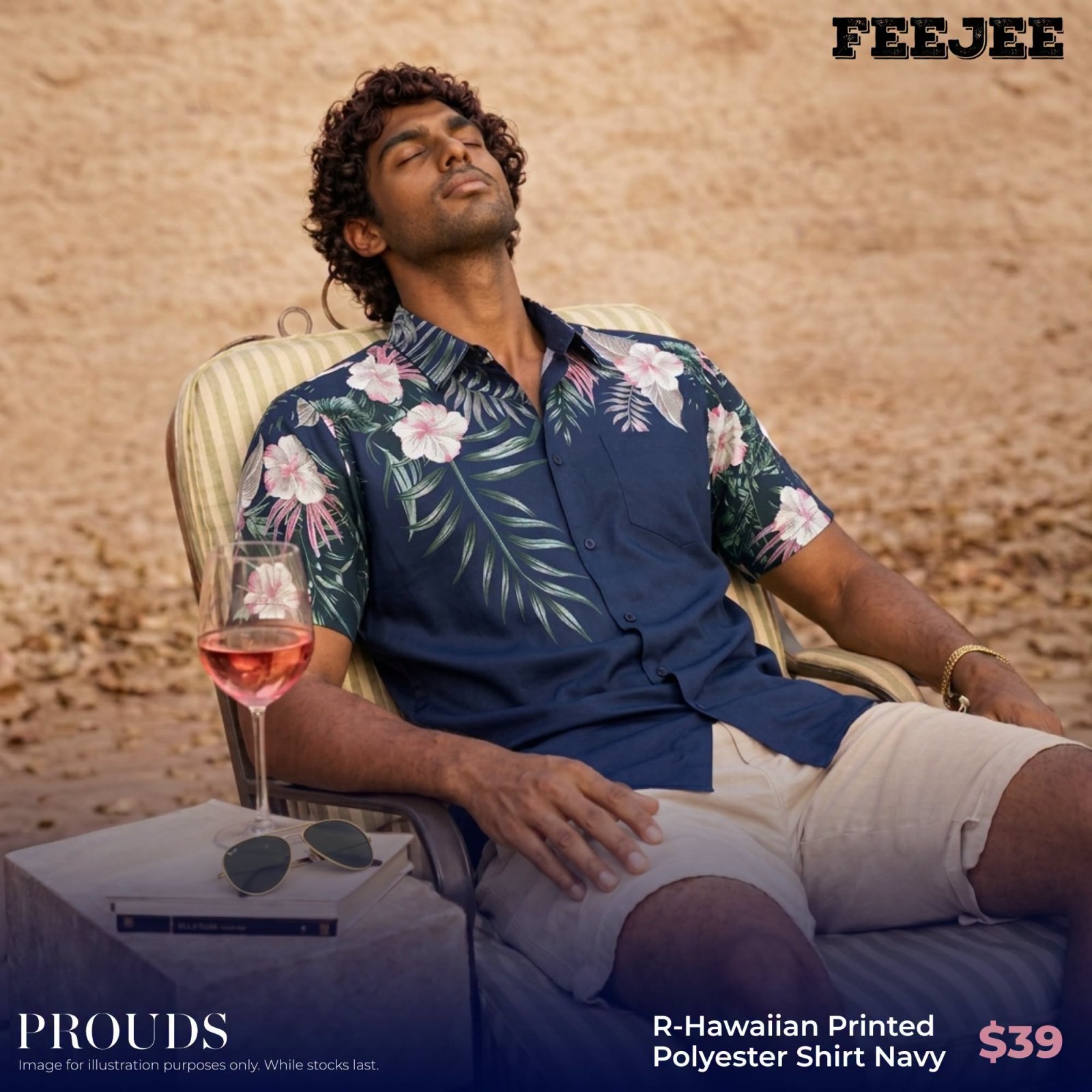 R-Hawaiian Printed Polyester Shirt Navy