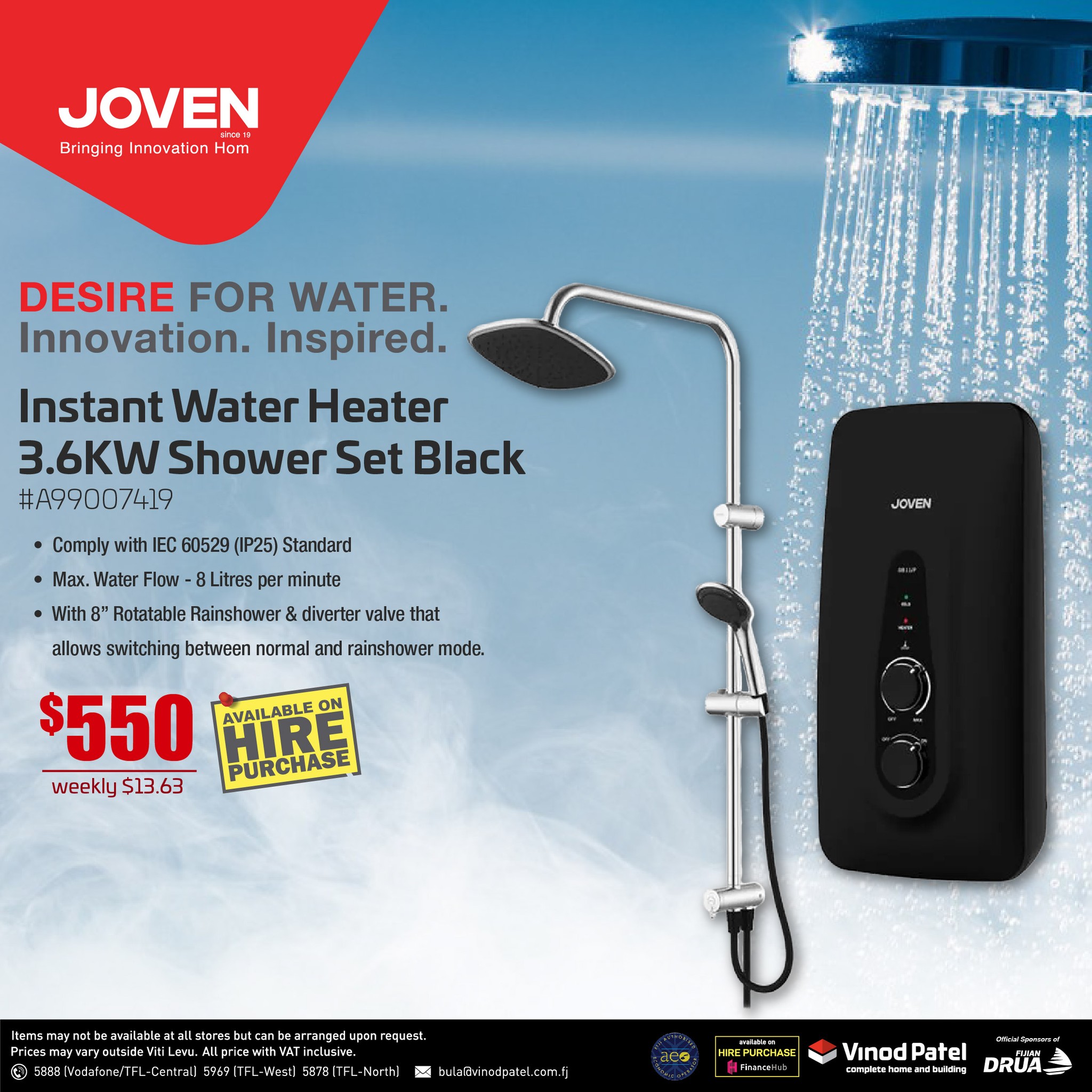 Instant Water Heater 3.6KW Shower Set Black