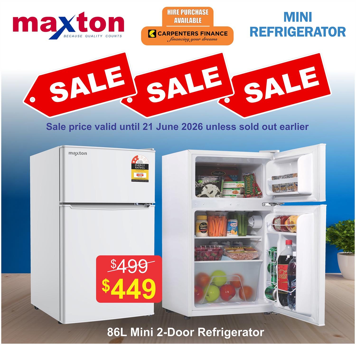 Maxton Mini 86L 2-Door Refrigerator