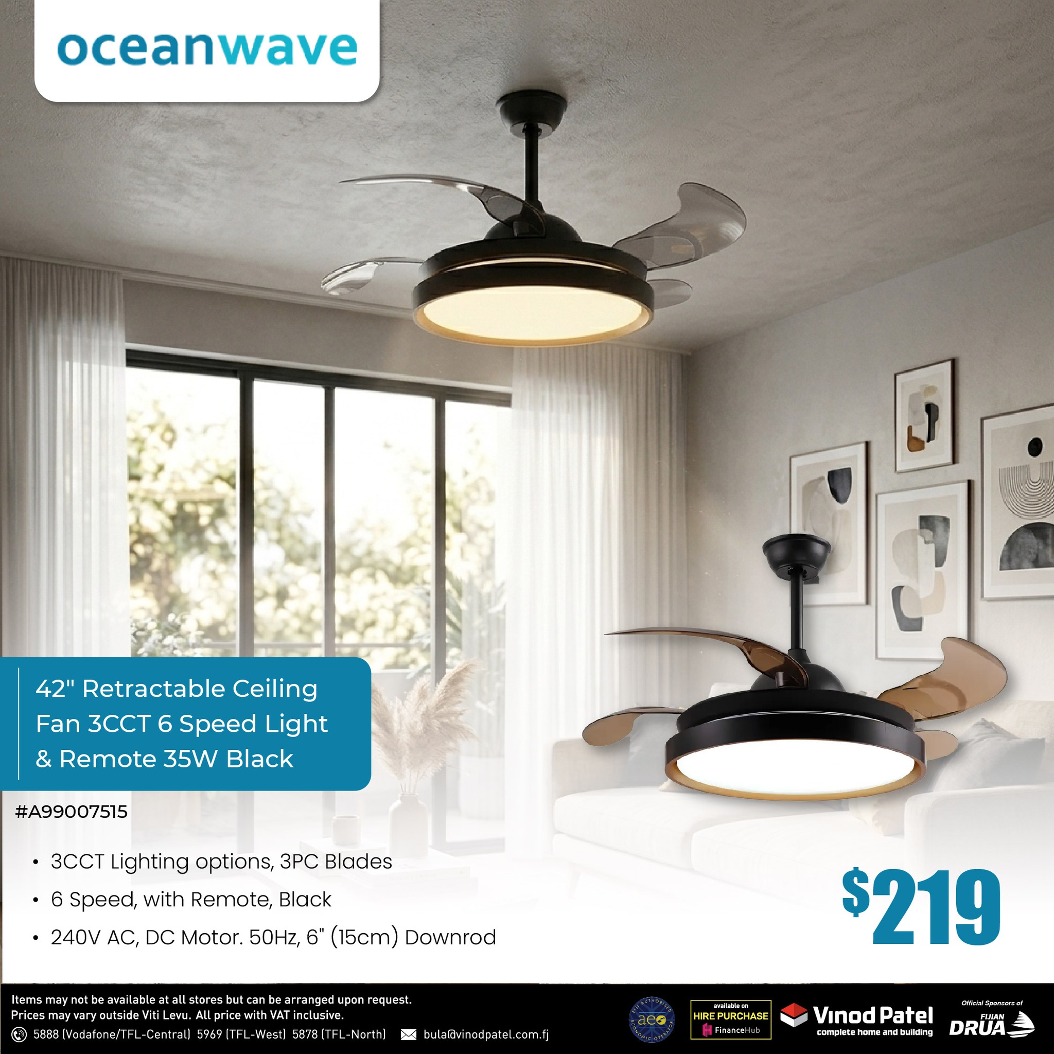 42" Retractable Ceiling Fan 3CCT 6 Speed Light & Remote 35W Black