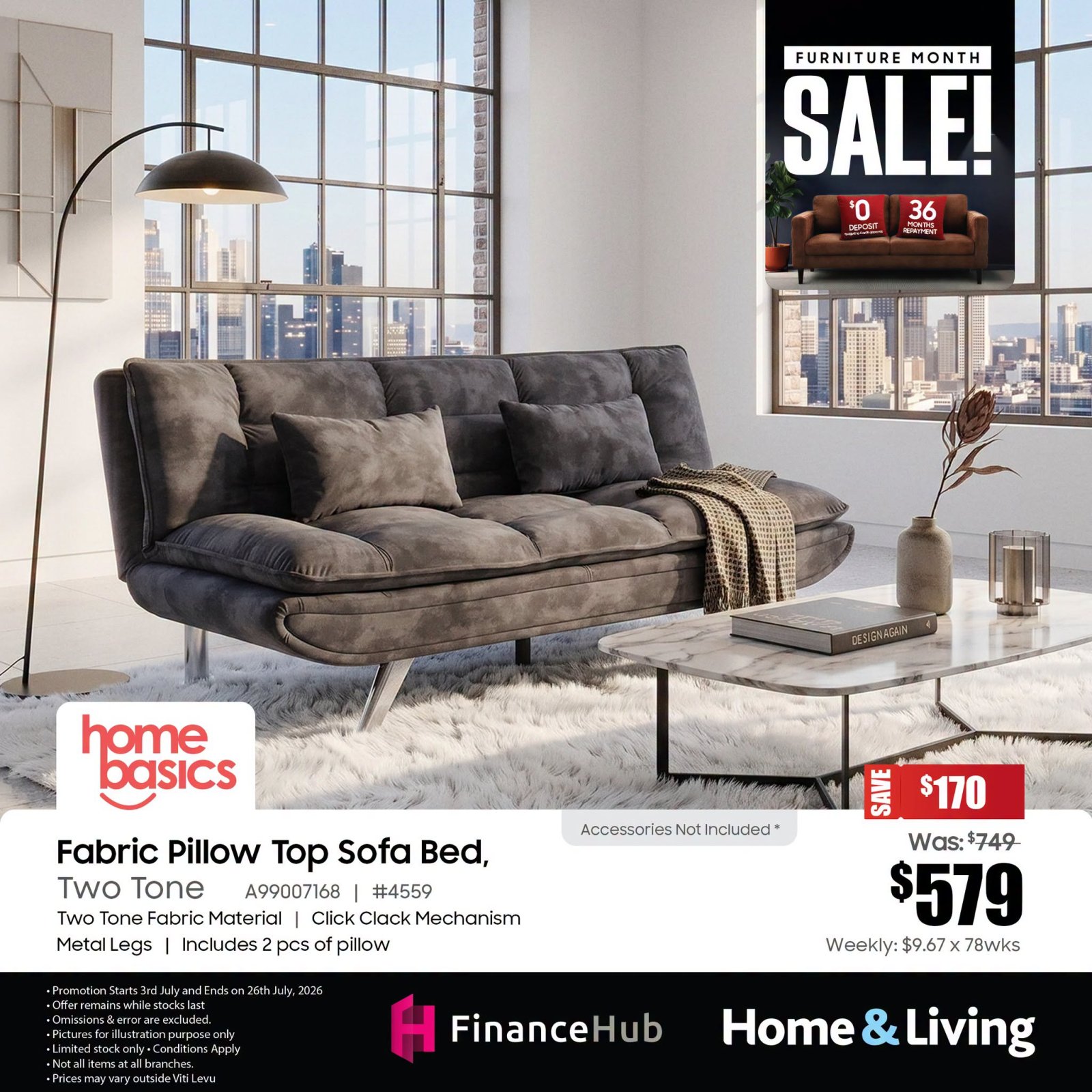 Fabric Pillow Top Sofa Bed, Two Tone