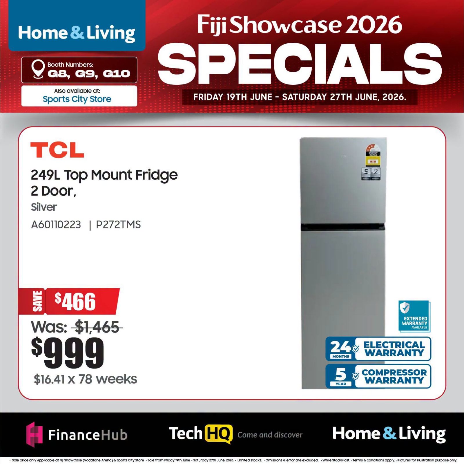 TCL 249L Top Mount Fridge 2 Door Silver