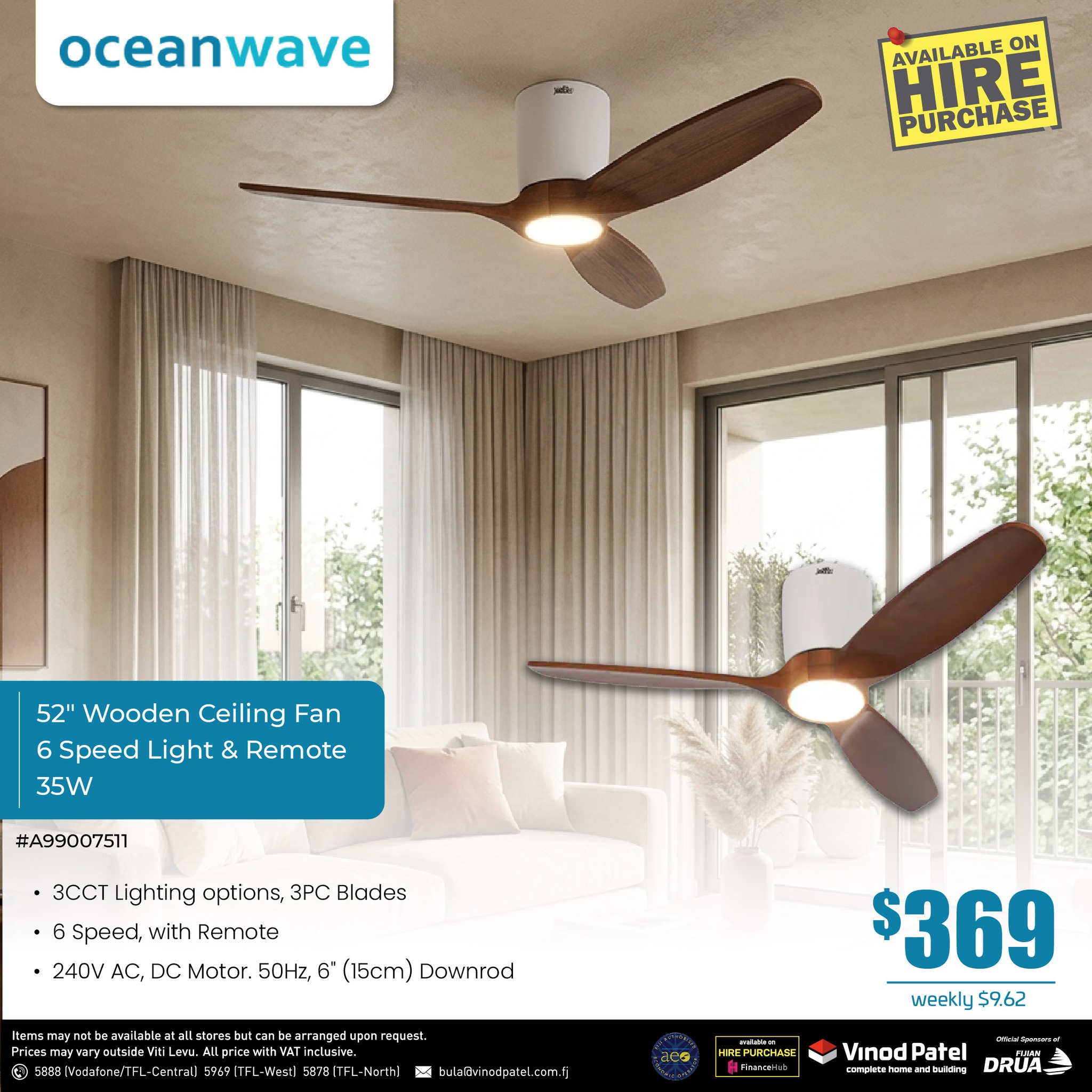 52" Wooden Ceiling Fan with Light & Remote