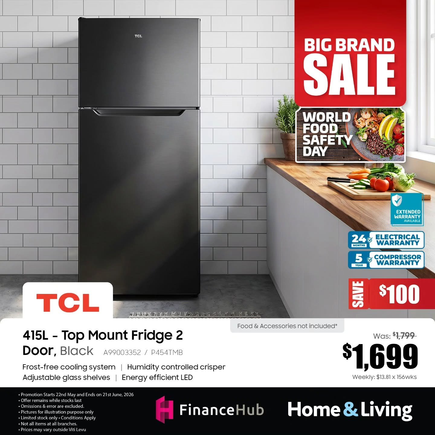 TCL 415L Top Mount Fridge 2 Door – Black