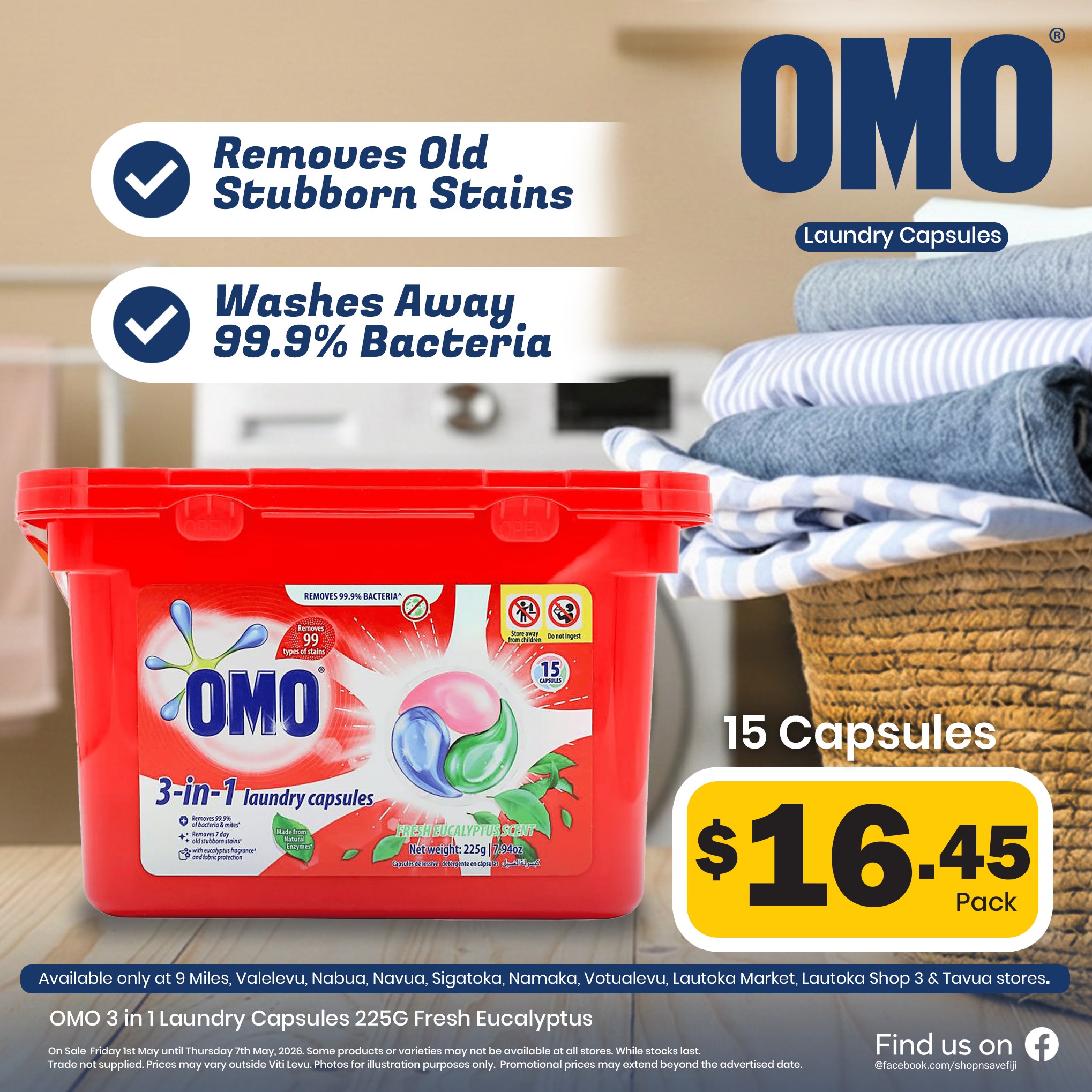 OMO 3 in 1 Laundry Capsules 225G Fresh Eucalyptus