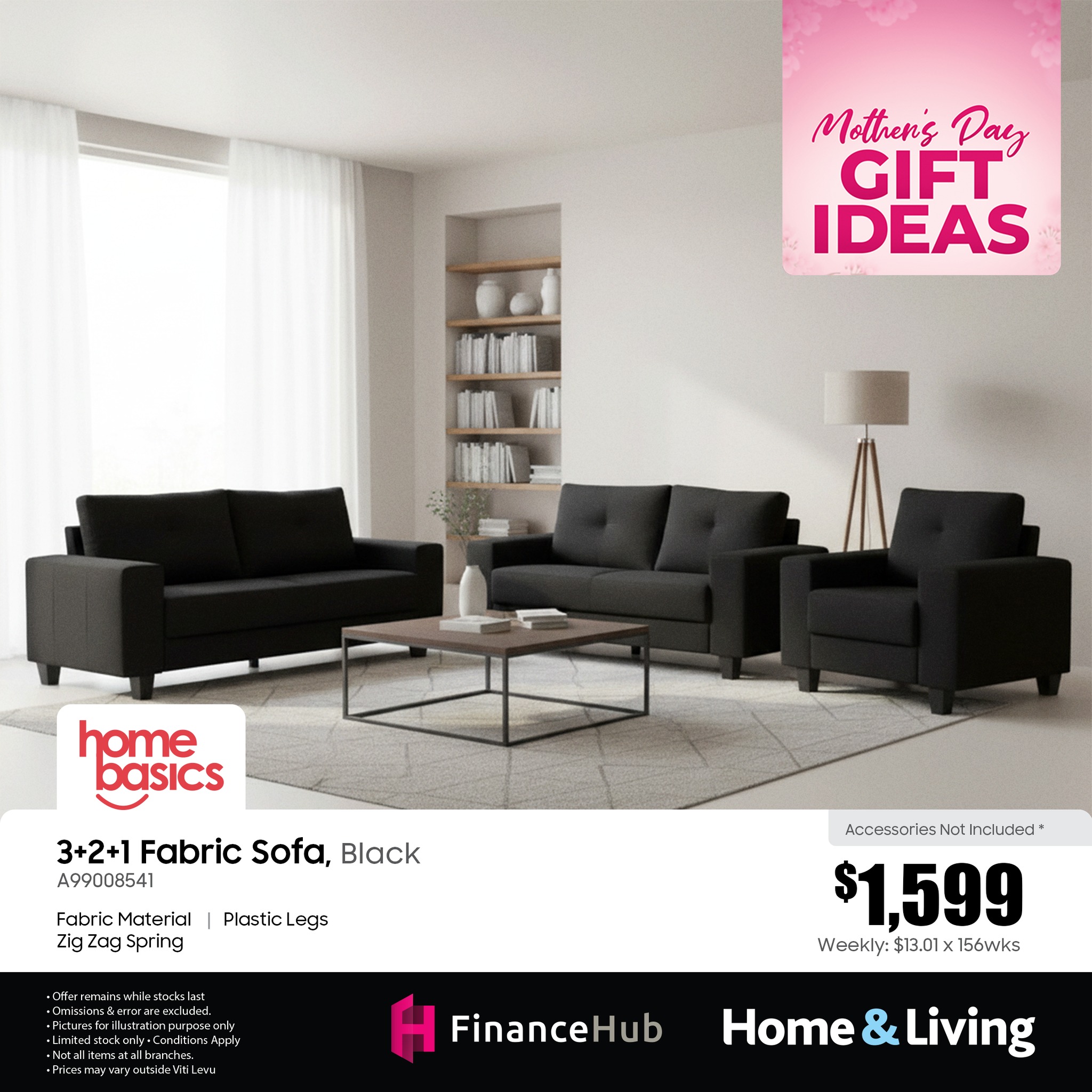 3+2+1 Fabric Sofa, Black