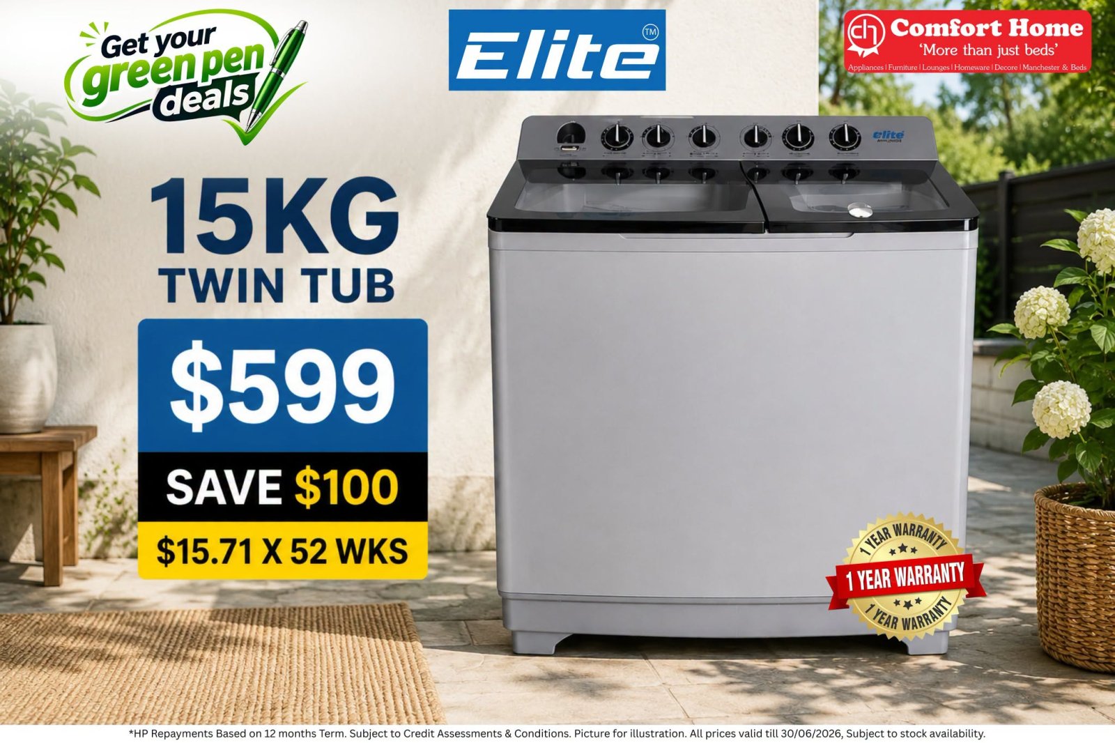 Elite 15KG Twin Tub Washer