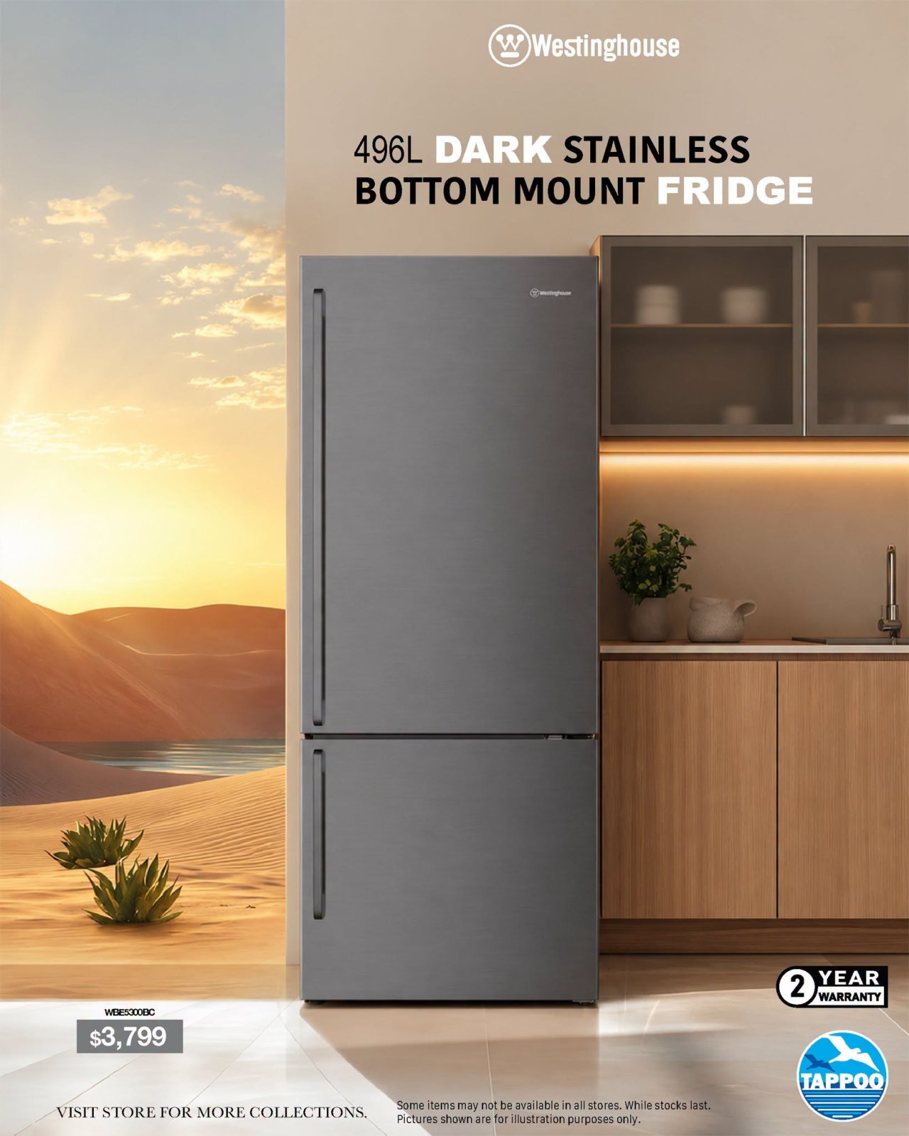 Westinghouse 496L Dark Stainless Bottom Mount Fridge