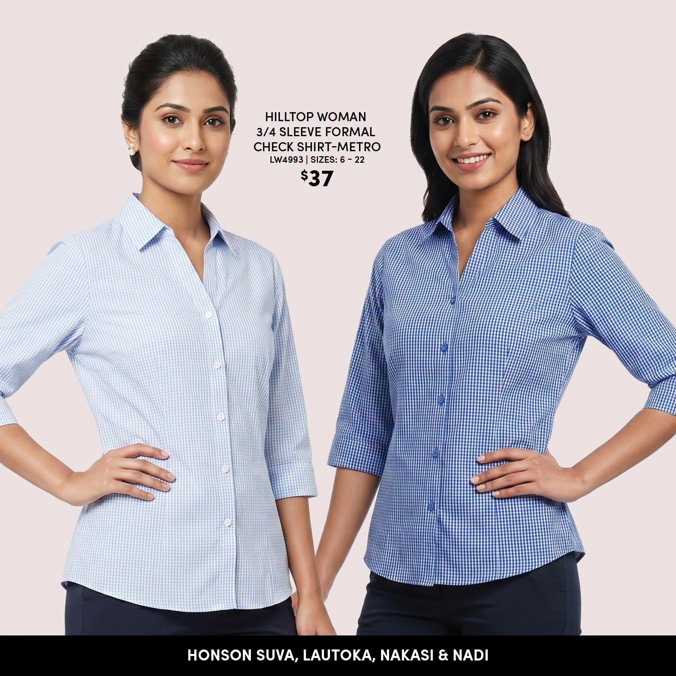 Hilltop Woman 3/4 Sleeve Formal Check Shirt