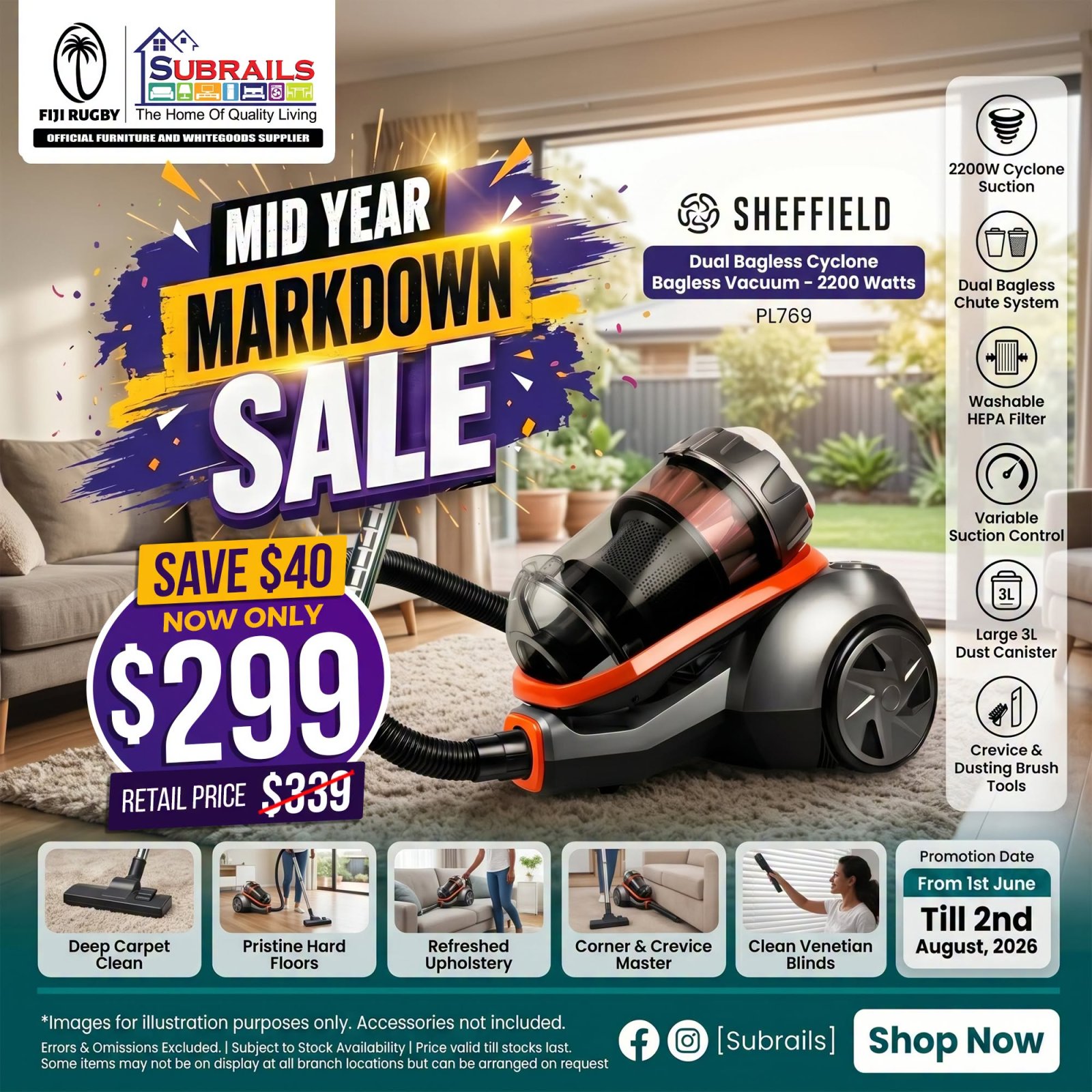 Sheffield Dual Bagless Cyclone Bagless Vacuum – 2200 Watts