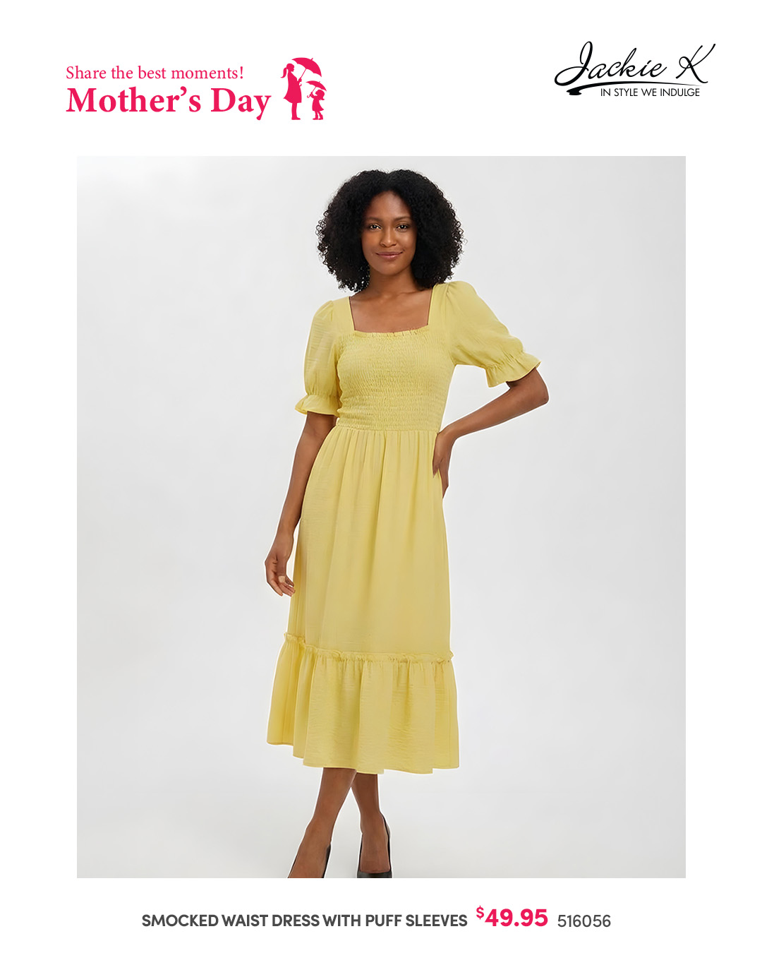 Smocked Waist Dress with Puff Sleeves