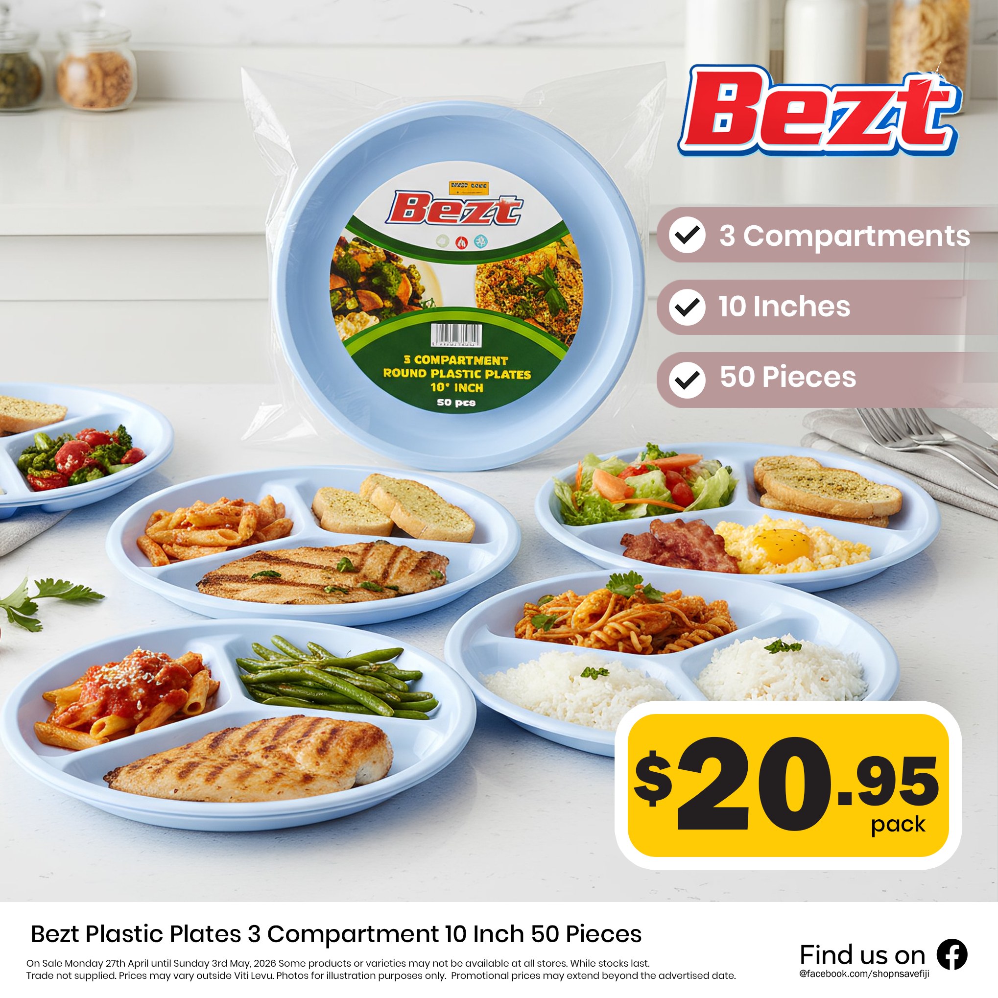 Bezt Plastic Plates 3 Compartment 10 Inch 50 Pieces